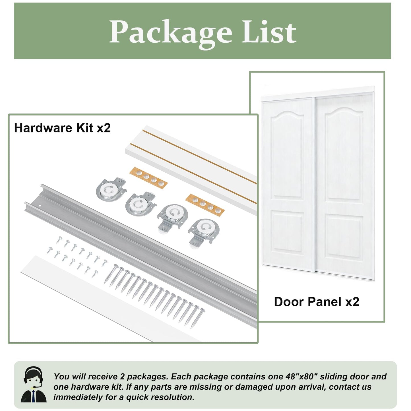 ARKHJEM Sliding Closet Door 96" x80", Raised Textured 2-Panel Hollow Core Bypass Closet Doors, Preassembled White Primed Paintable Door Panels with Top & Bottom Track Hardware Kit