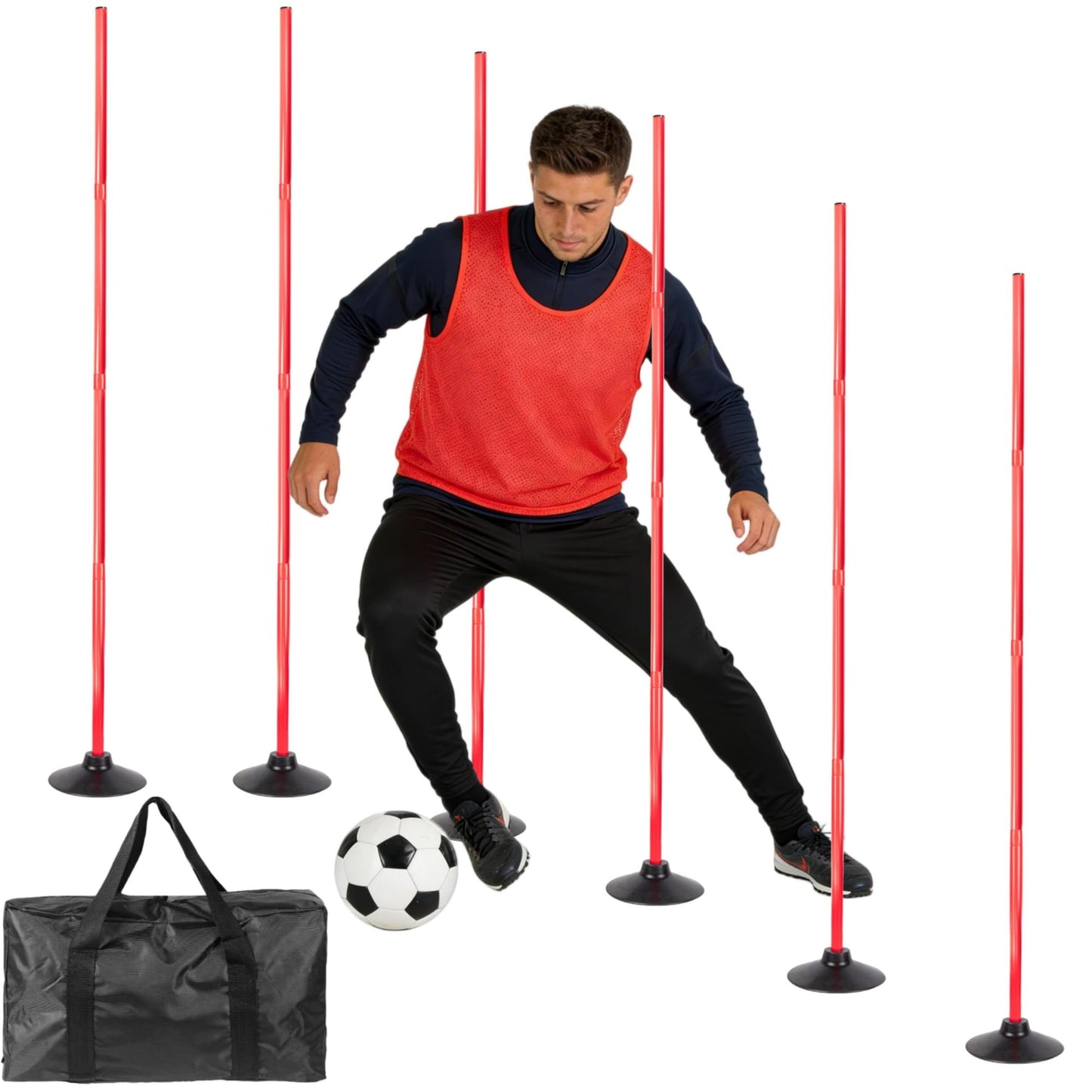 Nbguigdstr 6 Pcs 5 FT Adjustable Agility Training Poles for Soccer,Basketball,Football, Horse,Dog-Speed and Agility Training Equipment Sports Training Poles with Rubber Bases and Bag (red)