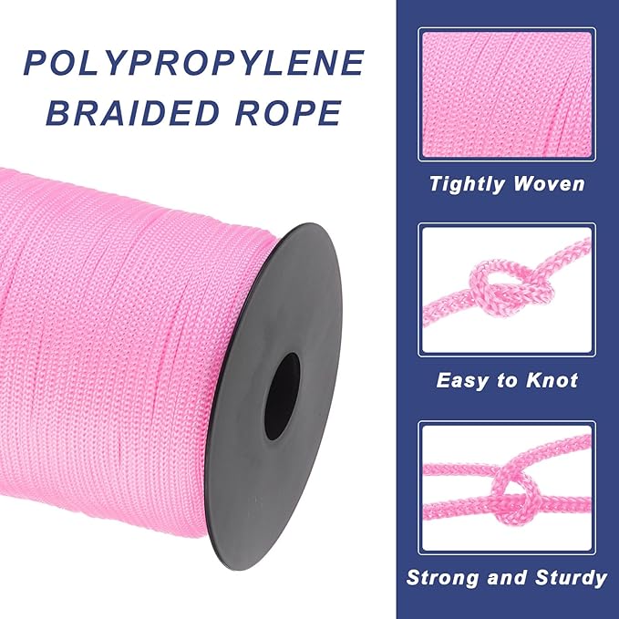 MECCANIXITY 1/8 Inch Polypropylene Rope Braided Ropes, 328ft Nylon Rope Hollow Utility Cord for Clothesline, Camping, Hiking, Outdoor, Light Pink