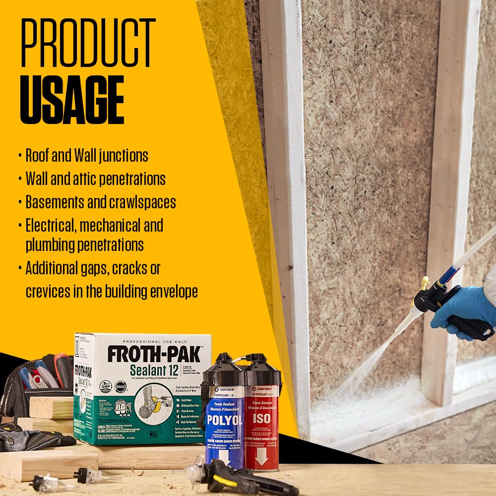 Froth-Pak 12 Spray Foam Sealant Kit, 3ft Hose, 2-Pack. Low GWP Formula. Seals Cavities, Penetrations & Gaps. Yields Up to 12 Board ft. at 2” Thick, 4” Width. Two Component, Polyurethane, Closed Cell