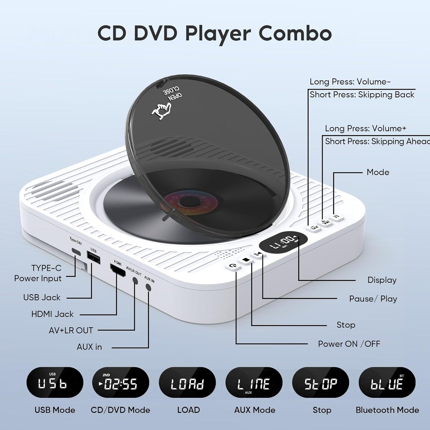 Ceihoit 1080P Mini CD DVD Player for TV Bluetooth CD/DVD Player with HDMI AV Cables, Built-in Speakers, USB & AUX