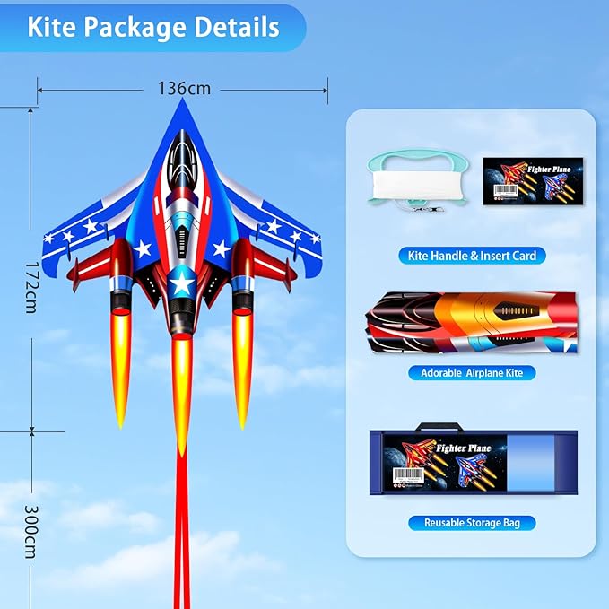 Fighter Jet Kites for Kids & Adults - Durable Airplane Kites for Boys Ages 8-12 & 4-8 with Kite String Reel, Easy Fly Large Outdoor Kite for Beach & Park Activities