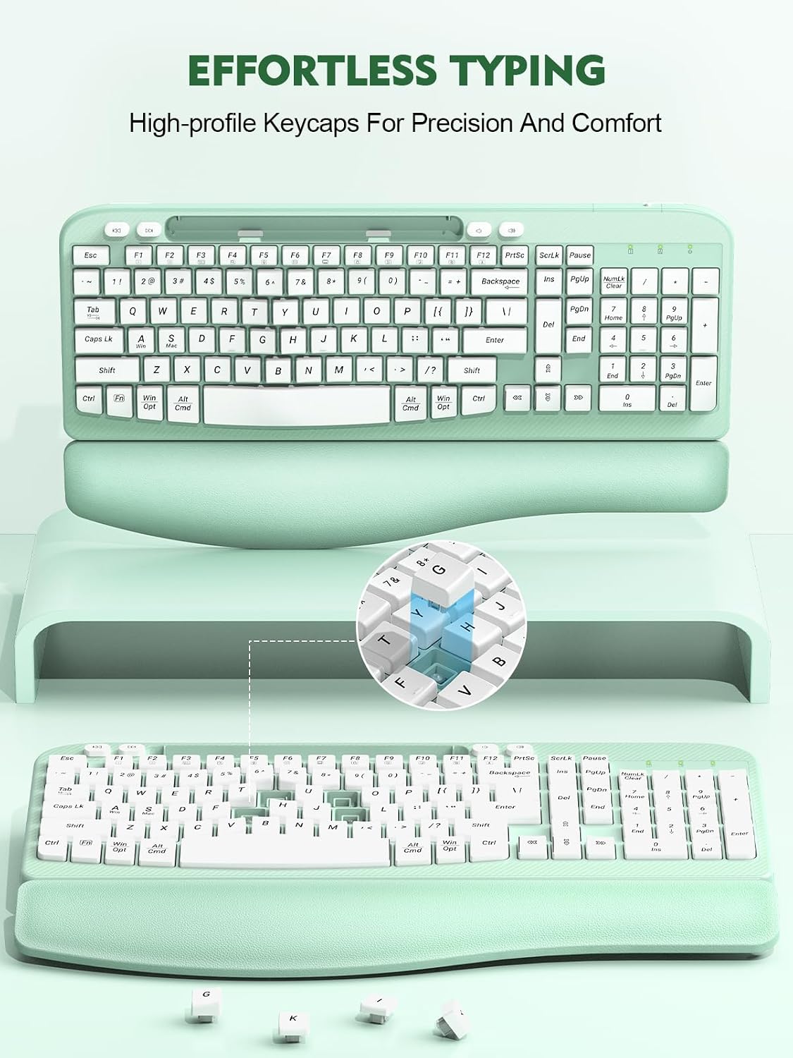 EAYBLLY 2.4GHz Ergonomic Wireless Keyboard with Cushioned Wrist Rest, Wave Keys, Phone Holder, Comfortable Natural