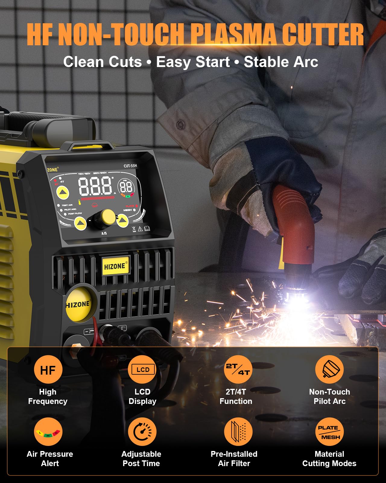 HIZONE 55A Plasma Cutter Machine, High Frequency Non-Touch Pilot Arc Plasma Cutting Equipment with LCD Display, 120/240V Cutting Machine, 2T/4T Function, Post Flow, 3/4" Max Cut, Ideal for Beginners