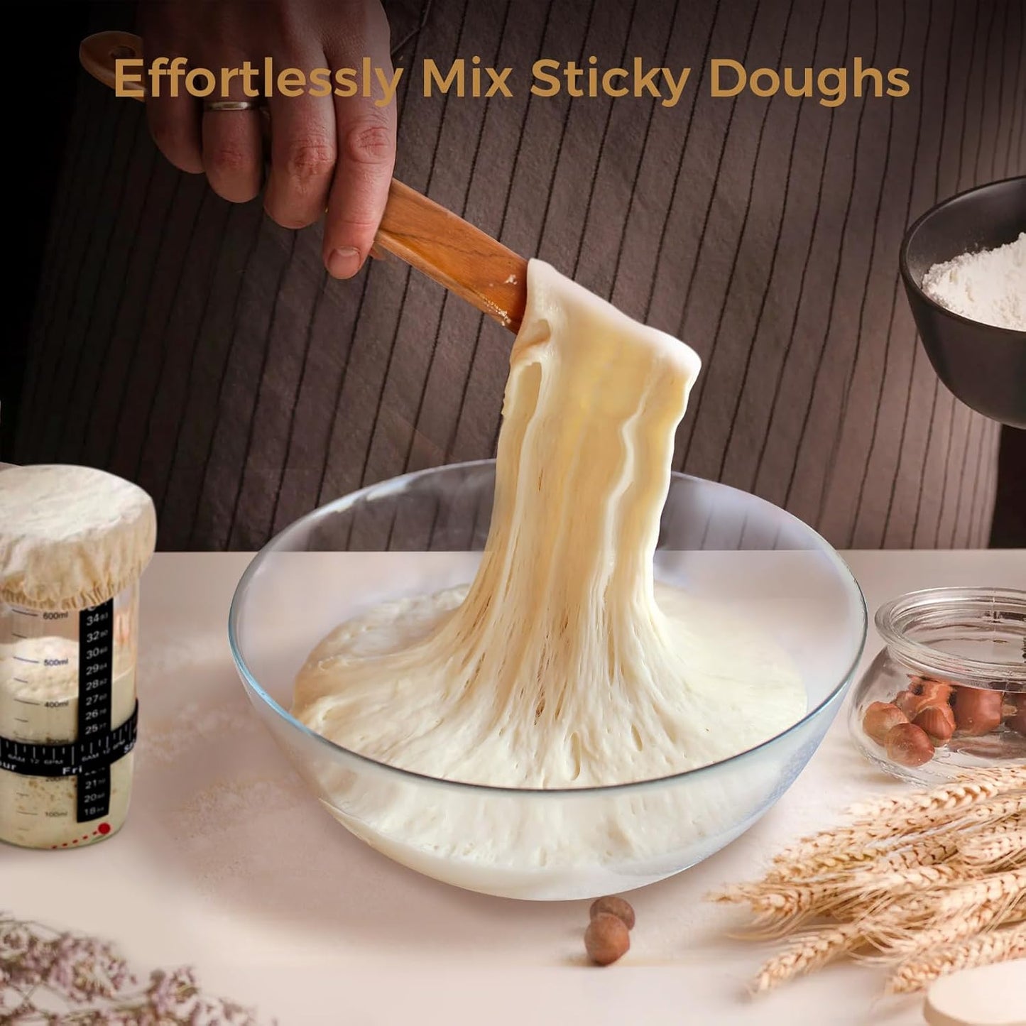 Skiennix 2 Pack Spurtle Set - Danish Dough Whisk & Jar Spatula in Solid Teak Wood for Bread Making