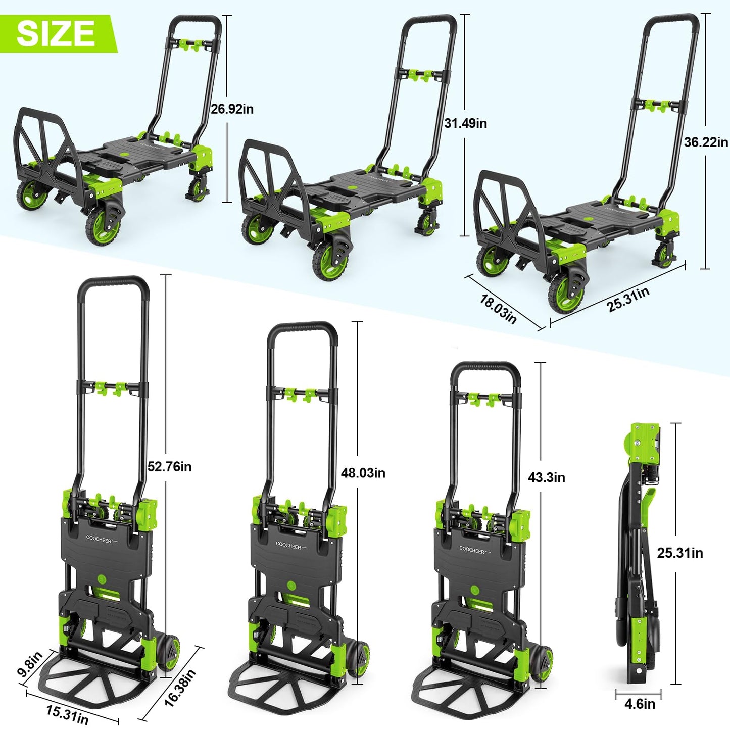 2-in-1 Folding Hand Truck Dolly 330LB Load Carrying, Hand Truck Foldable Dolly with Retractable Handle and 4 Rubber Wheels, Portable Folding Hand Cart for Moving/Travel/Office(Green)