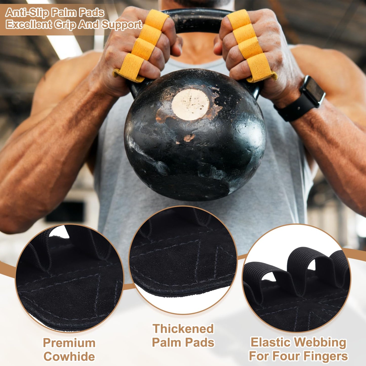 YELARXI Anti-Slip Workout Grip Pads, Lifting Grips Pads Weight Gloves for Men Women,4 Pack & Cowhide & Black - Fitting for (Weightlifting/Deadlift/Pull-Up/Gym Training/Yoga)