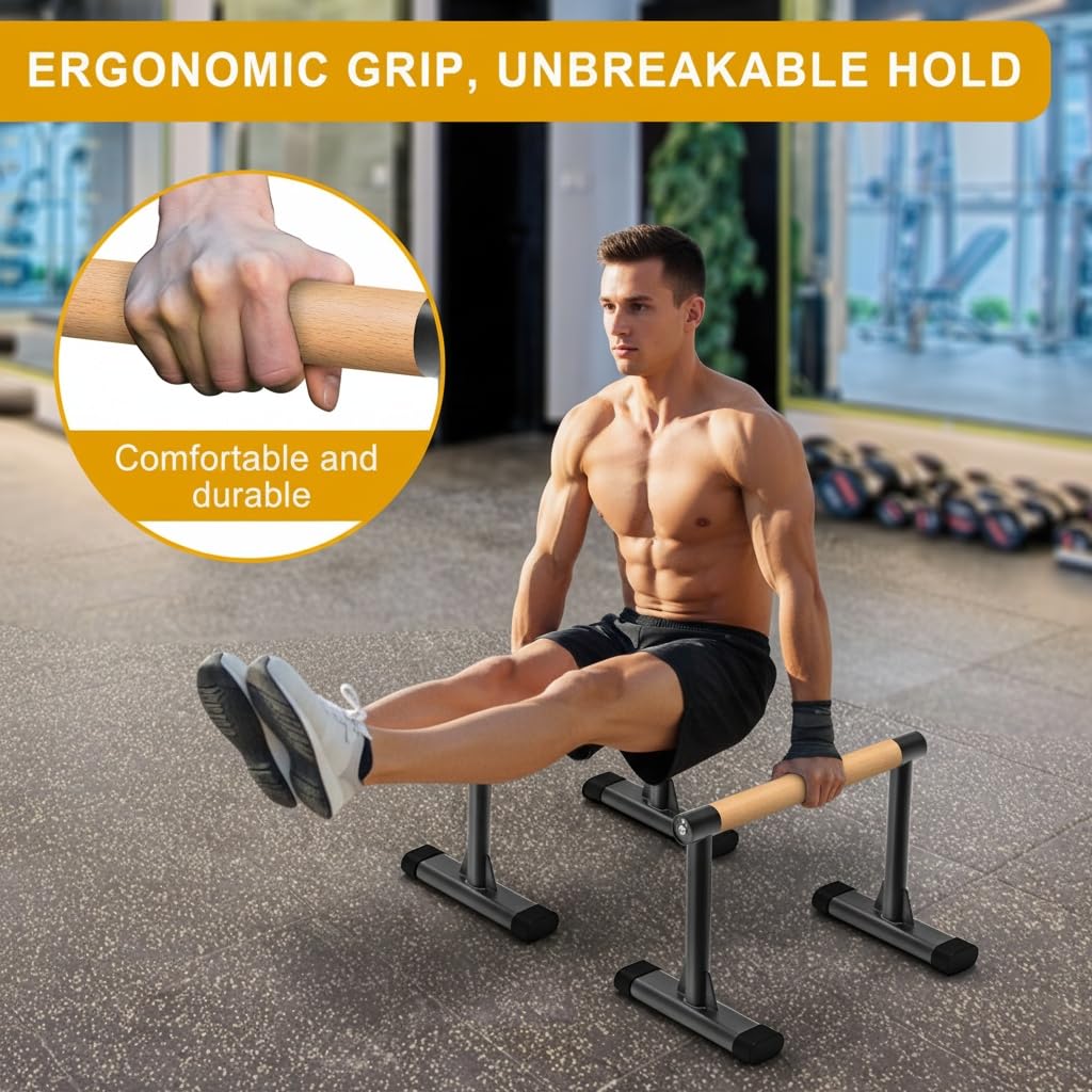 Kipika Parallette Bars for Calisthenics - Push Up & Dip Bar with Wood Handles, Rock-Free Support for Handstand, L-Sit & Home Strength Training, 600LB Capacity, 12" Height (Wood)