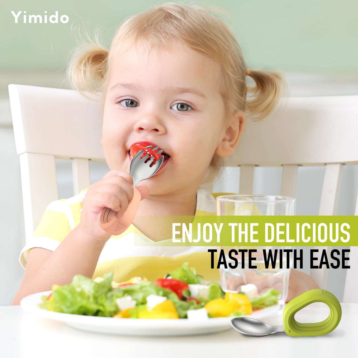 Yimido Toddler Utensils - Baby Forks and Spoons Set - Kids Stainless Steel Silverware - Children Safe - Self Feeding - Dishwasher Safe (Orange + Green)
