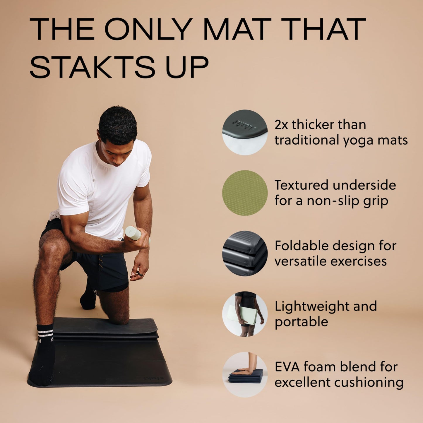 Stakt The Original Foldable Yoga Mat, Premium Foldable Exercise & Workout Mat with Non-Slip Surface, Lightweight Portable for Studio or Home Use, As Seen on Shark Tank - Iron