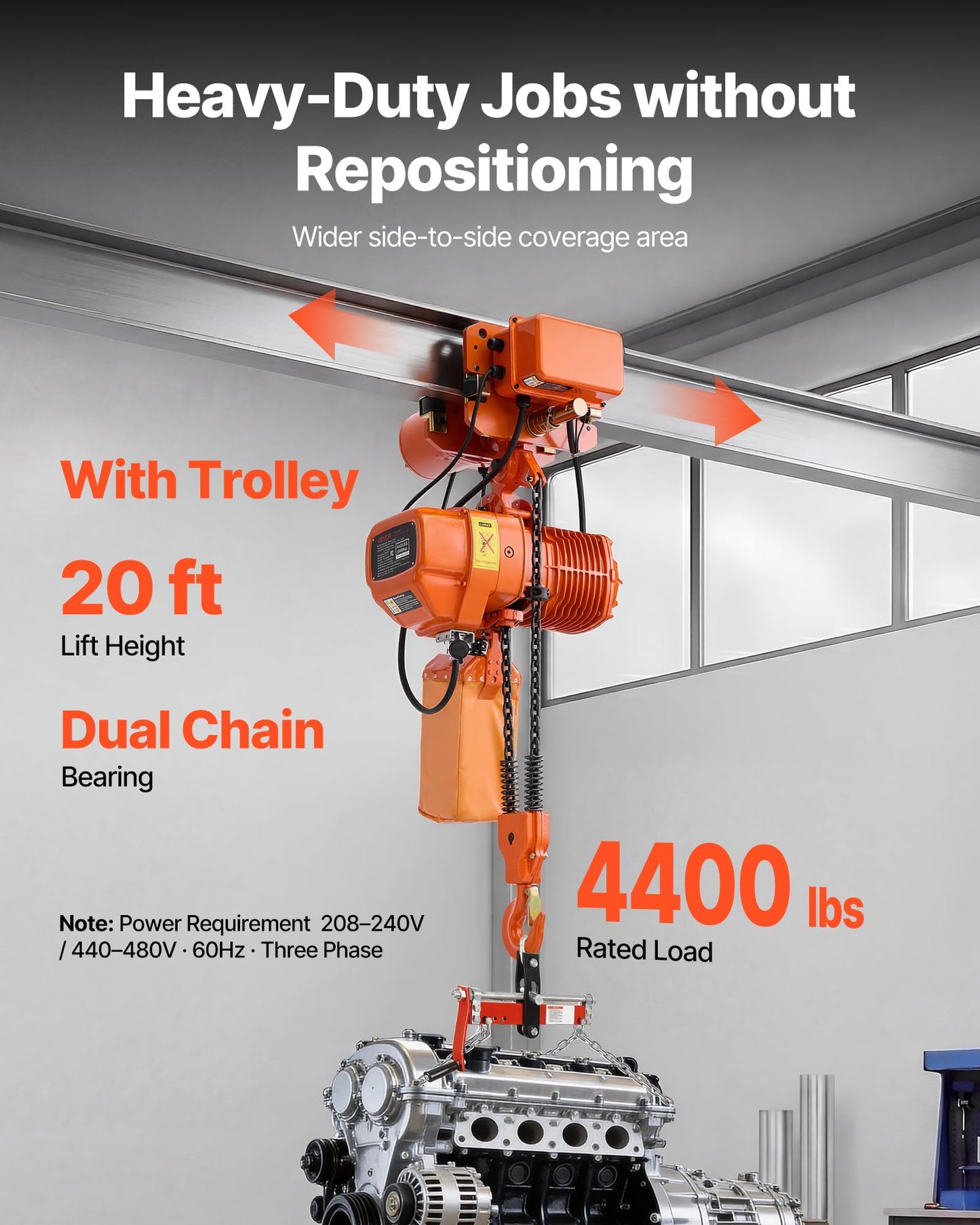 VEVOR 4400lbs Electric Chain Hoist with Power Trolley, 2-Speed Operation, 20ft Lifting Height, 3-Phase 208-240V/440-480V Overhead Crane w/ 328ft Wireless & 16ft Wired Remote Control G100 2-Chain Hoist