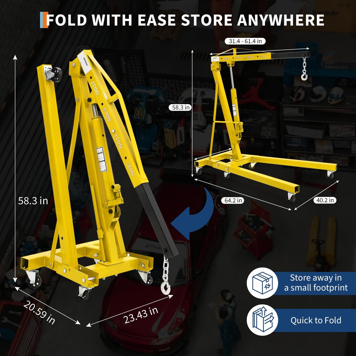 MilleLoom 2T Heavy Duty Folding Engine Hoist with 59" Load Leveler - 4400 Lbs Hydraulic Cherry Picker, 6 Swivel Wheels & 1100 Lbs Engine Support Bar for Garage Workshop Warehouse