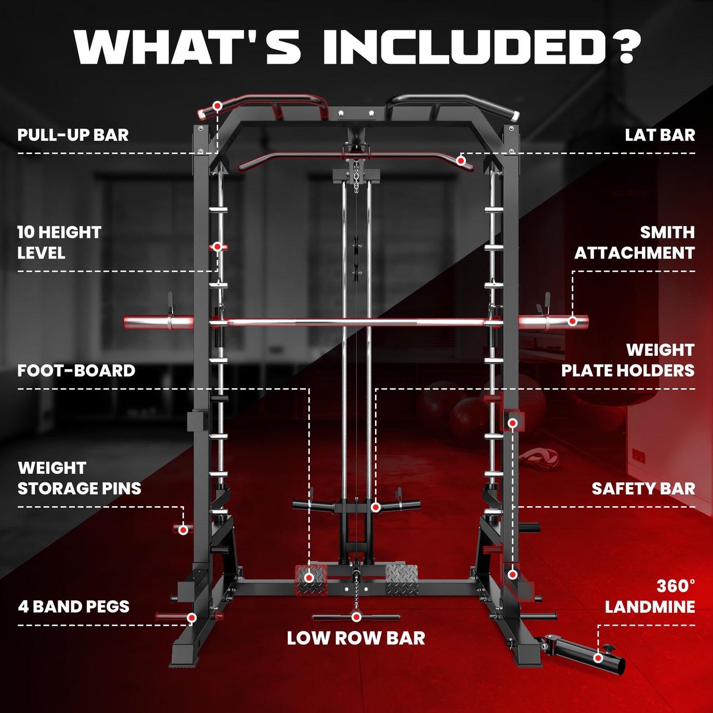 JELENS SR01 Smith Machine, 2000LBS Multi-Function Power Cage with LAT Pulldown System, All-in-One Home Gym Squat Rack with Smith Bar and Training Attachments (Black, SR01 Smith Machine)