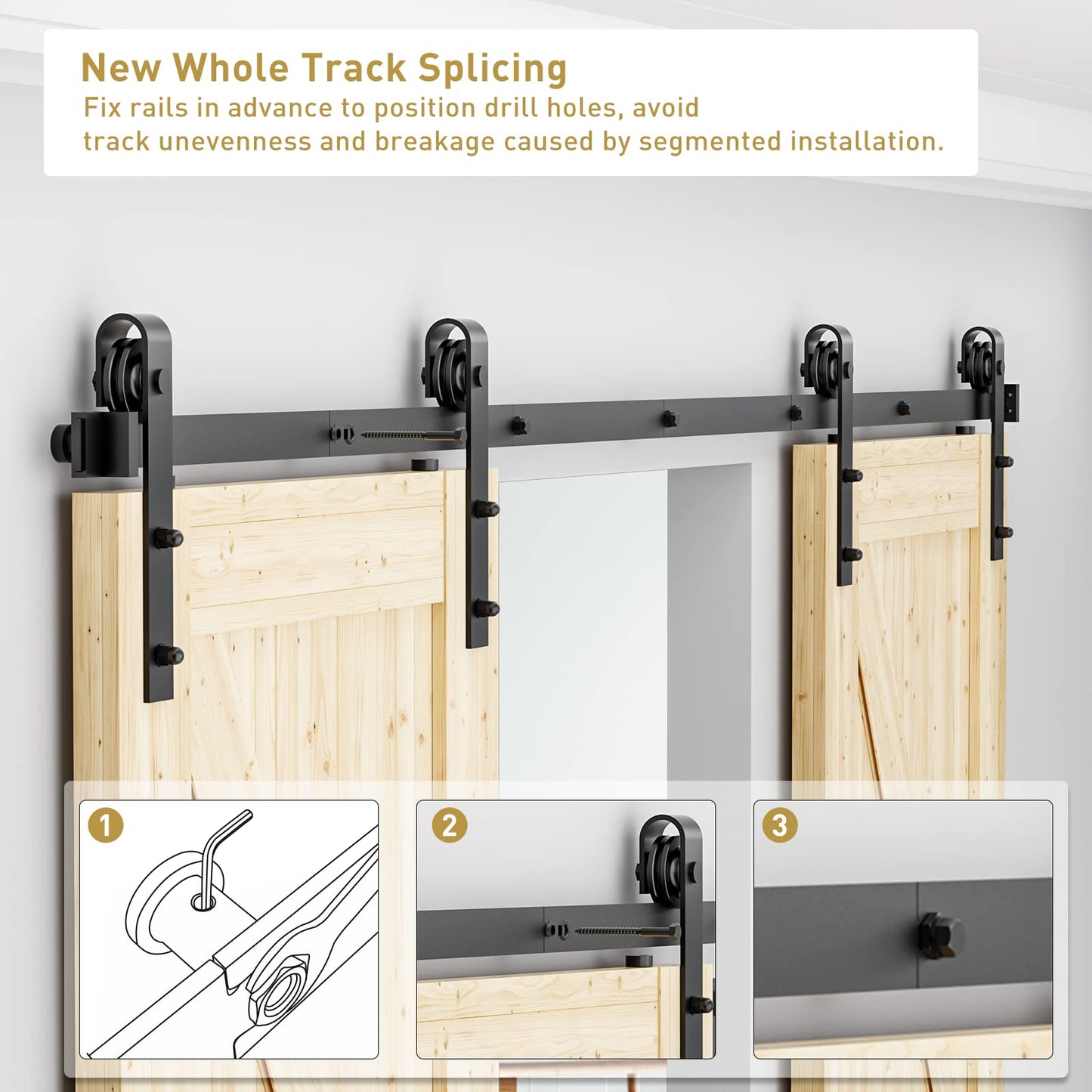 Signstek 12 FT Double Sliding Barn Door Hardware Track Kit, Wood Slab Use, for Garage, Kitchen, Bedroom, Fit 36'' Wide Door Panel-Smoothly and Quitely-Easy to Install (J Shape Hanger)