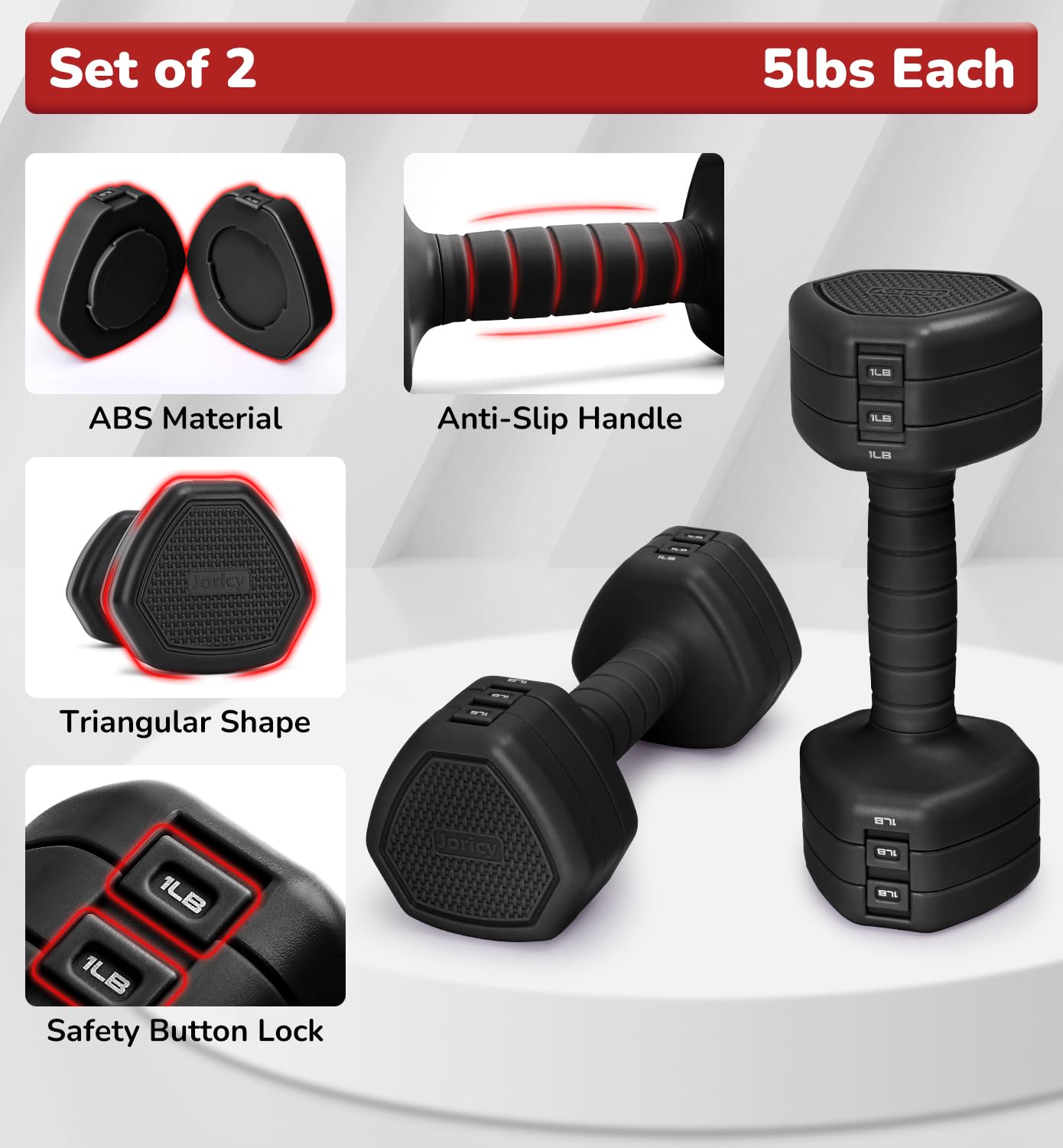 Adjustable Dumbbell Set of 2, 10LBS Hand Weights for Women Men 3-in-1 Free Weight Dumbbells Sets at Home, Each 1lb 3lb 5lb for Home Gym Exercise Workout Strength Training Equipments Black