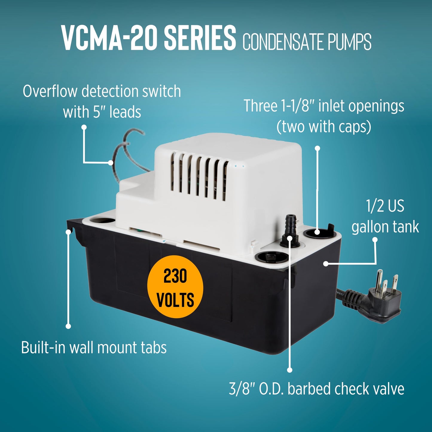 Little Giant VCMA-20ULST 230 Volt, 80 GPH, 1/30 HP Automatic Condensate Removal Pump for HVAC/Refrigeration Systems/Dehumidifiers with Overflow Detection Switch and 20-Foot Tubing, White/Black, 554461