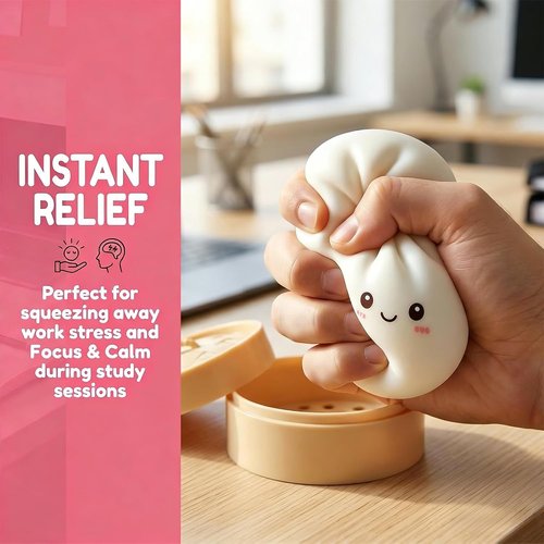 Dumpling Squeeze Toy - Glittery Stress Relief Ball with Steamer Box | Soft Sensory Gift for Kids & Adults (A-Blue)