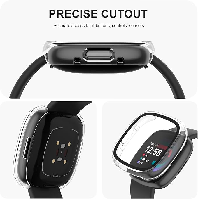 Vancle Case for Fitbit Versa 4 / Fitbit Sense 2, 4-Pack Screen Protector Tempered Glass Full Around Hard PC Case with Sensitive Touch Film Protective for Fitbit Sense 2 / Versa 4(Transparent*4)