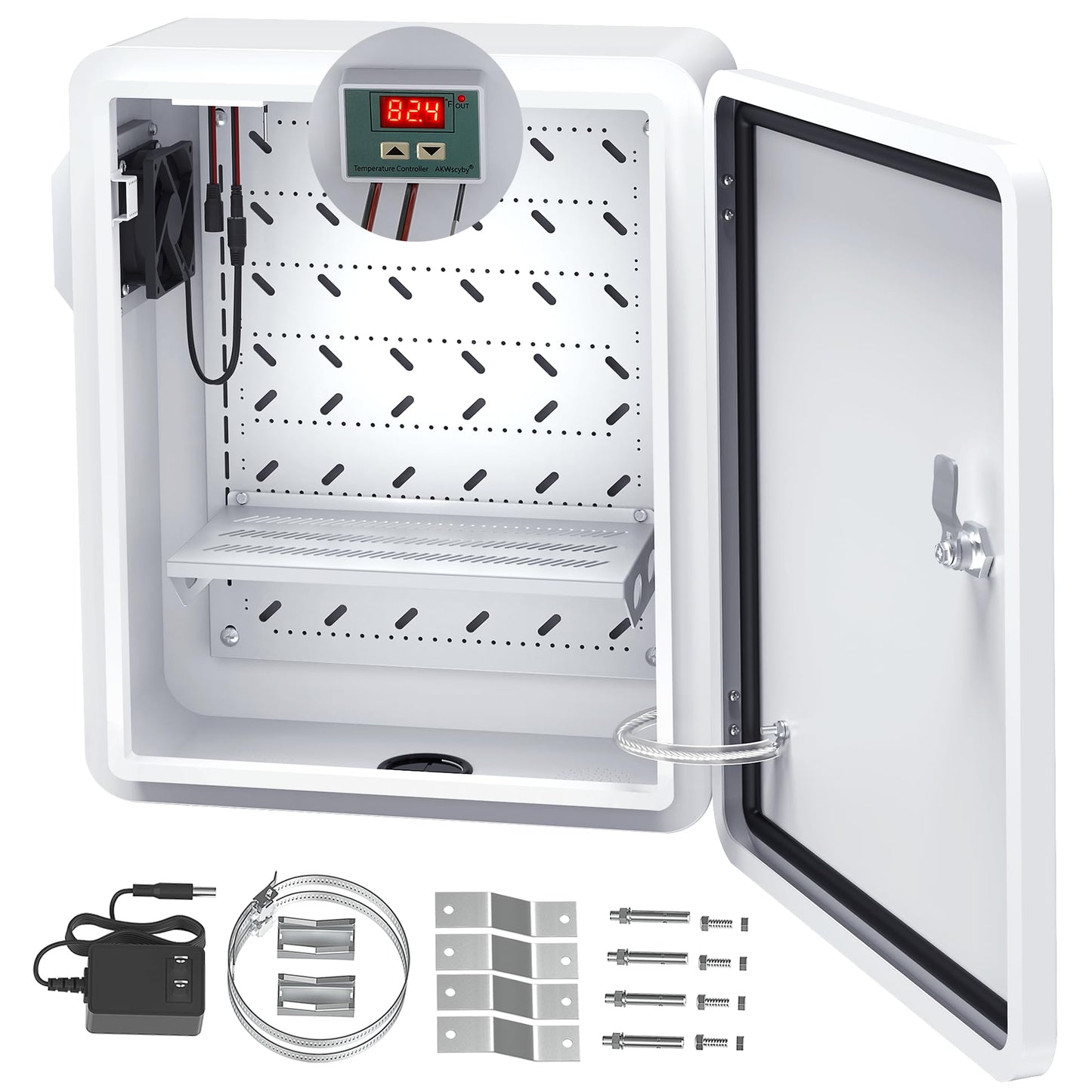 Akwscyby Outdoor Electrical Box with Thermostat and Fan, Precise Temperature Control 0.1°F, IP65 Water Resistant Rating, Galvanized Steel, Aluminum Rear Beam(19.7" x 17.7" x 7.9")