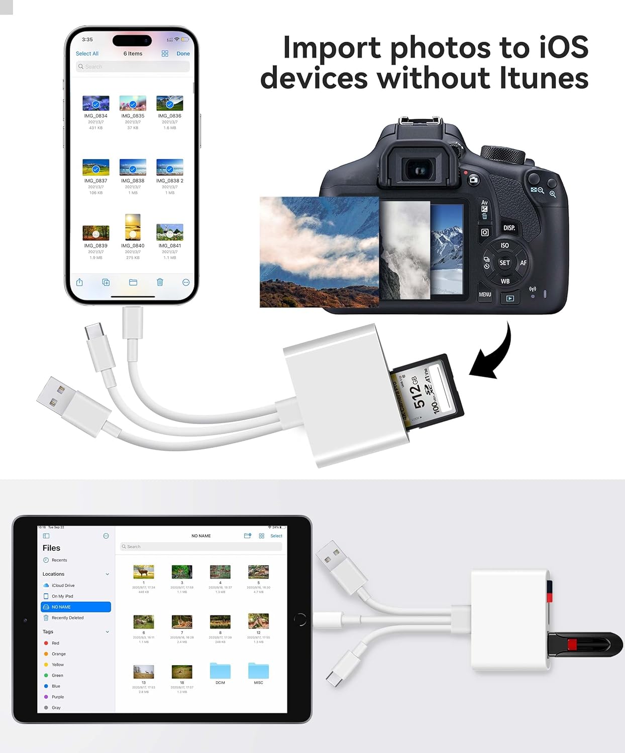 AkHolz 3-in-1 3 SD Card Reader for iPhone iPad Mac Trail Game Camera Viewer Built-in Connector (Lightening, USB-C