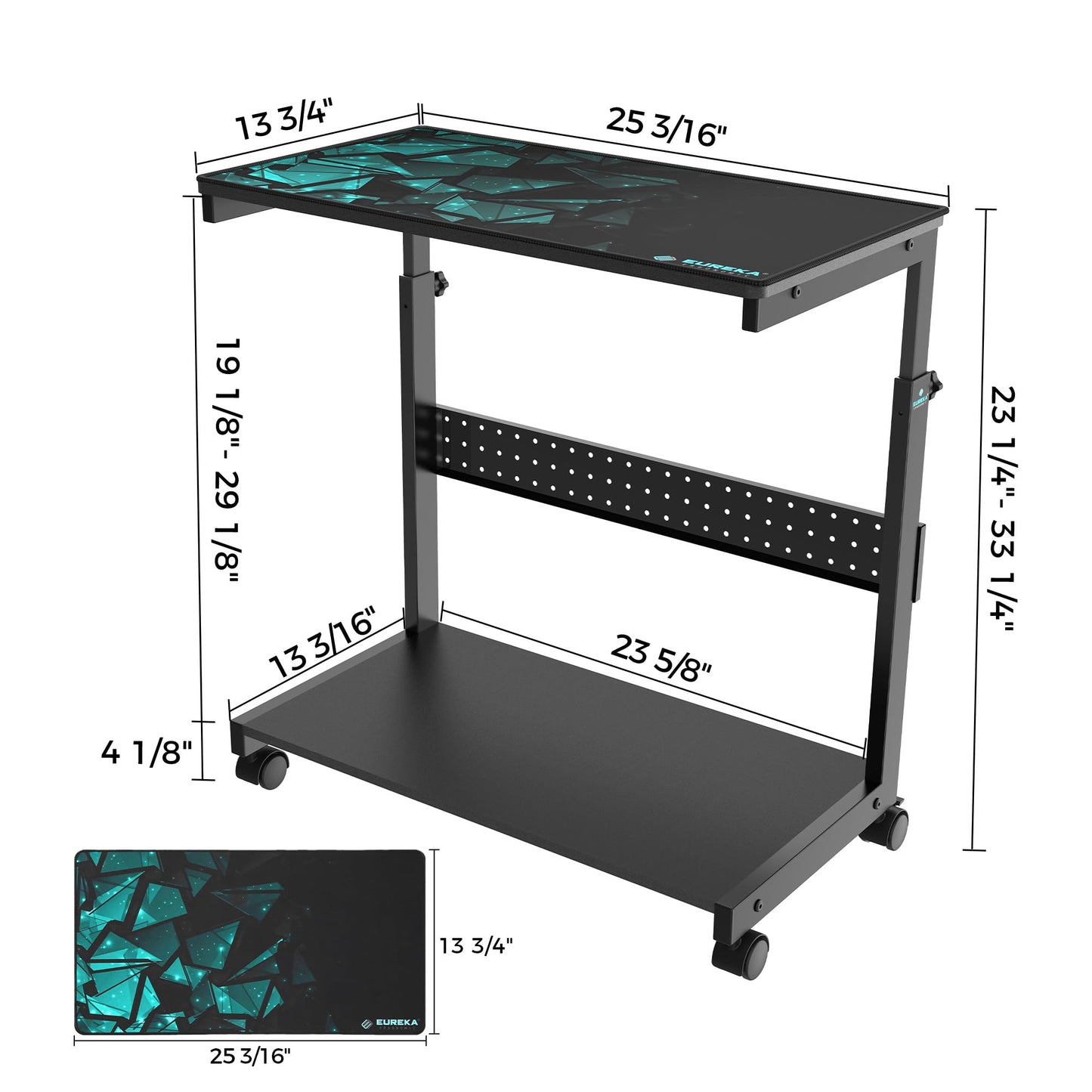 EUREKA ERGONOMIC PC Stand Computer Cart, Height Adjustable Tower Stand 2-Tier Suit for ATX Case Printer, Metal Rolling Cart on Wheels for Gaming Home Office, Black
