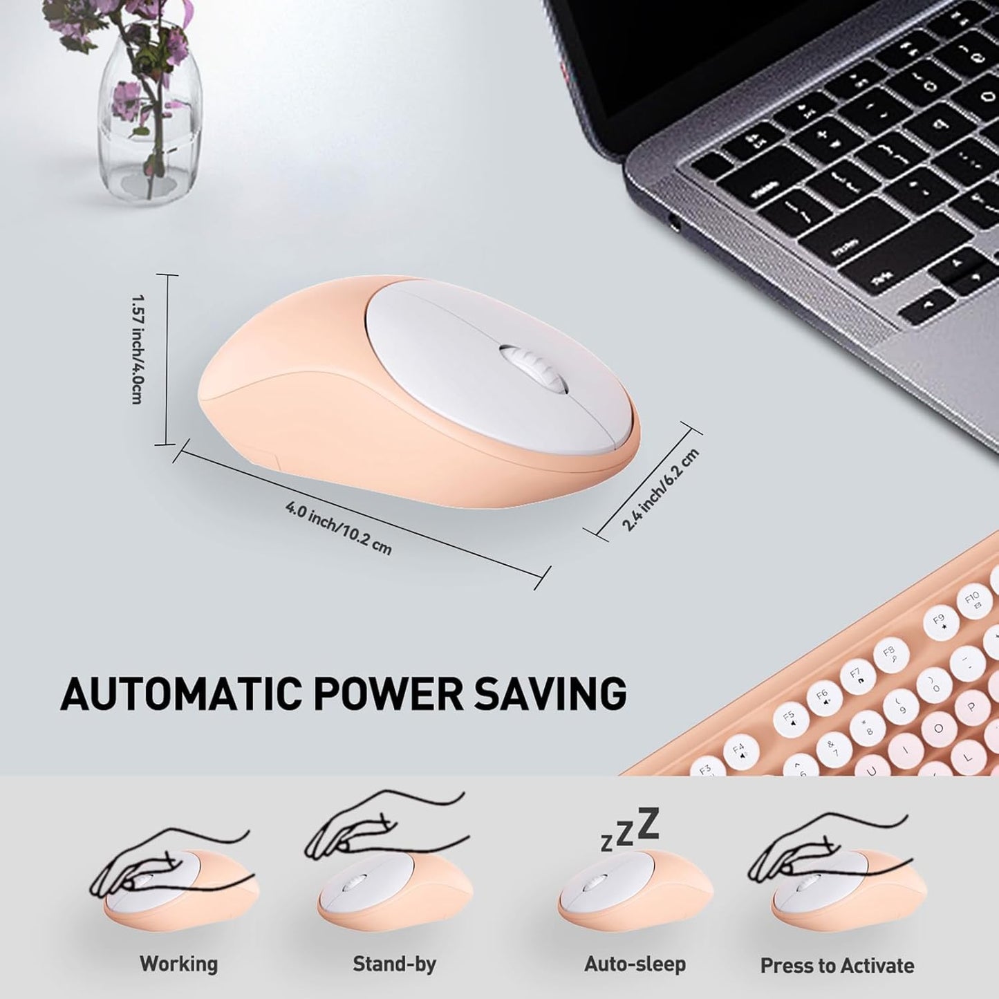 FOPETT 2.4 Wireless Keyboard and Mouse Combo, GHz Full-Sized Wireless Keyboard Mouse with Round Keycaps for Windows