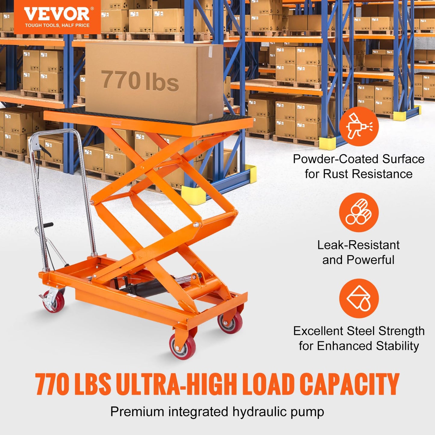 VEVOR TFD35 Hydraulic Lift Table Cart, 770lbs Capacity 59" with 4 Wheels and Non-Slip Pad, for Material Handling and Transportation, Orange