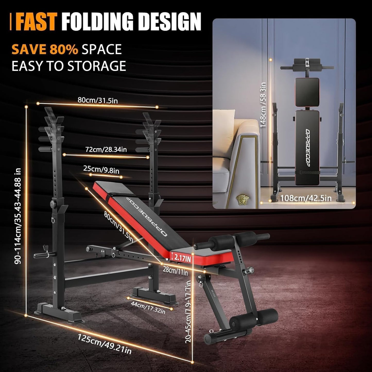 OPPSDECOR Adjustable Weight Bench Set With Removable Rowing Leg Catch, 600LBS Foldable Bench Press Set with Squat Rack Flat Incline Sit Up Workout Bench for Home Gym Strength Training (Scarlet)