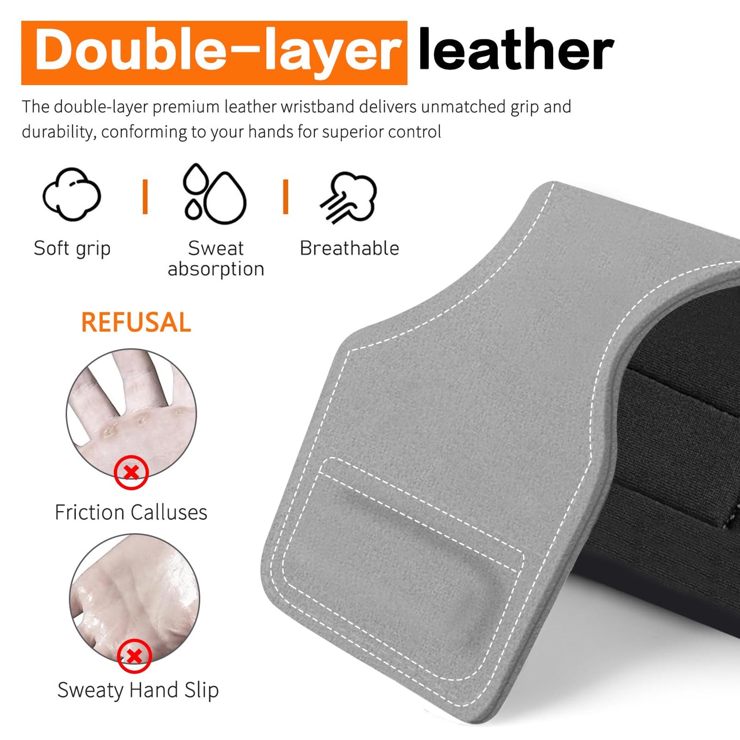 Weight Lifting Wrist Strap, Double-Layer Leather Wrist Straps for Gym Strength Training Weightlifting,Deadlift and Powerlifting, Enhance Grip Strength Neoprene Padding Gym Workout Lifting Straps for Men & Women (Pair) Grey