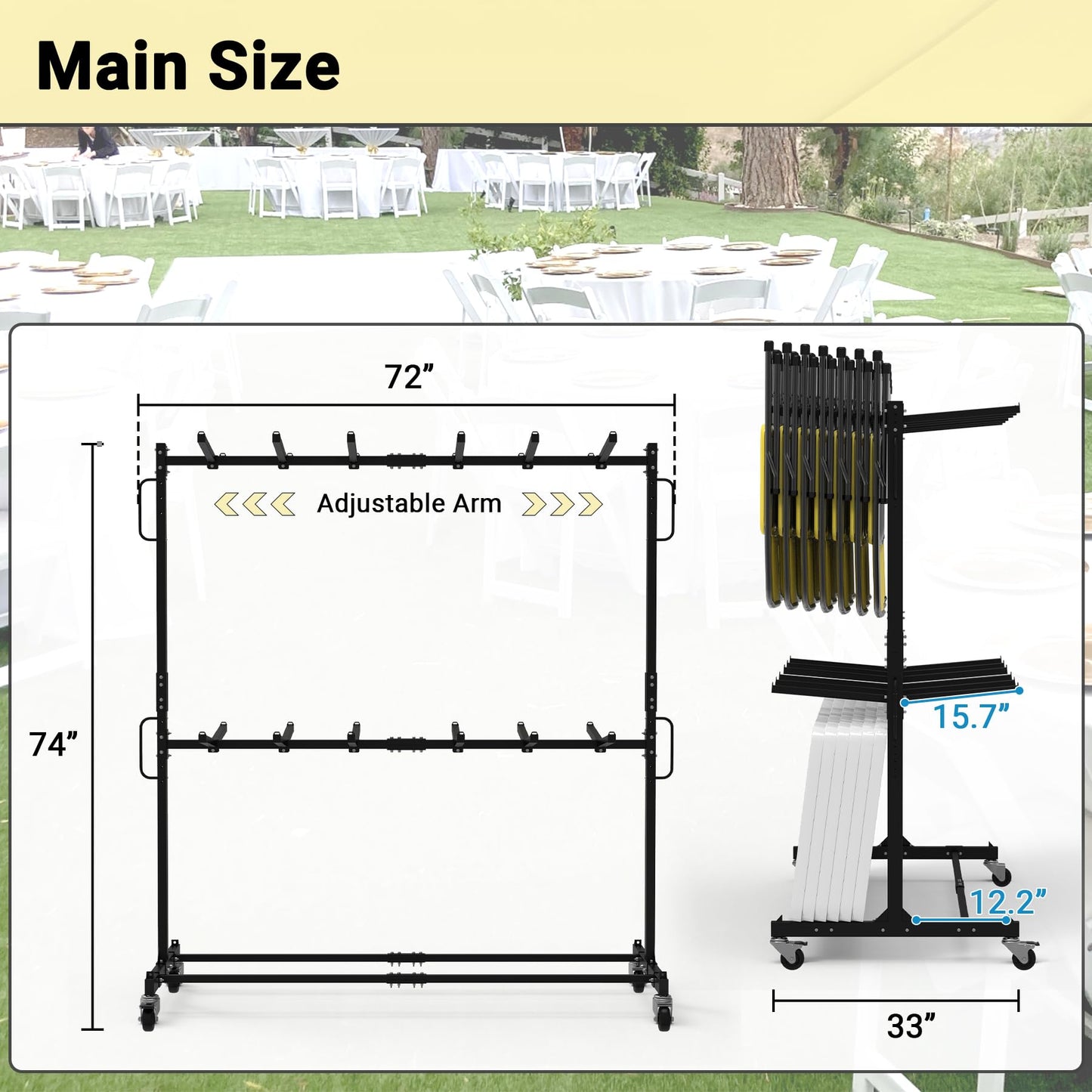 Eastrexon Updated Folding Chair Rack, Heavy-Duty Folding Chair Cart w/ 4 Swivel Wheels, Holds 12 Tables or 84 Chairs, Up to 1000 LBS Capacity, 2 Binding Ropes, 1 Dust Cover, 72“L x 33”W x 74”H, Black