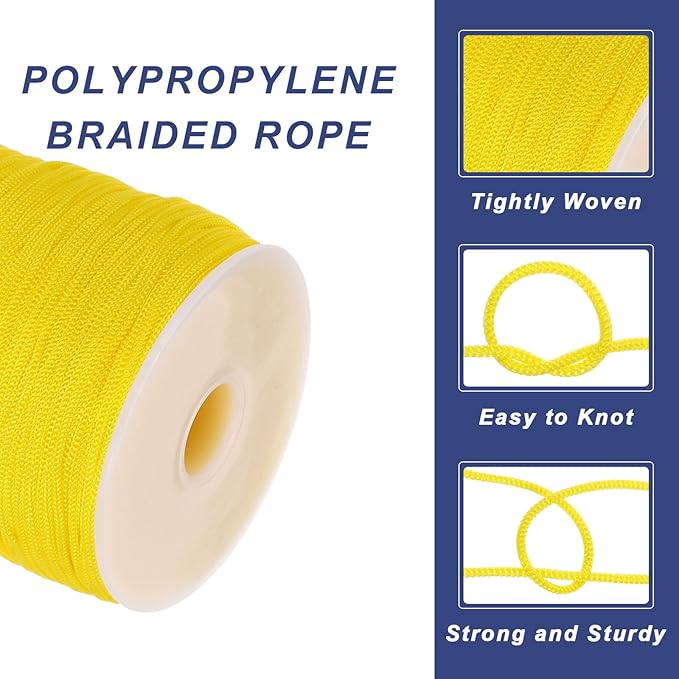 MECCANIXITY 1/16 Inch Polypropylene Rope Braided Ropes, 328ft Nylon Rope Hollow Utility Cord for Clothesline, Camping, Hiking, Outdoor, Yellow