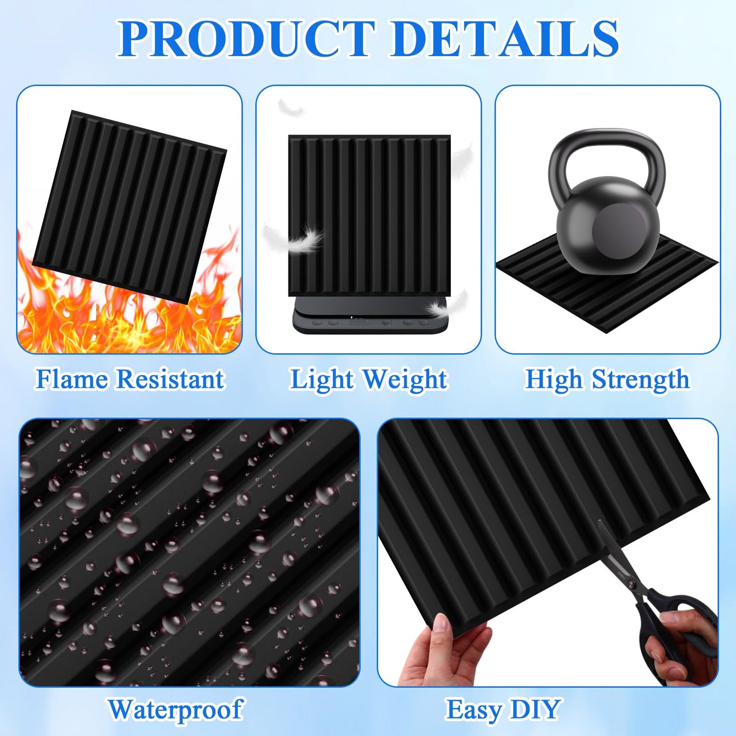 Nuanchu 32 Pcs 3D Wall Panels for Interior Wall Decor, 12''x12'' Fluted Textured Black Accent Tiles Waterproof Paintable for Living Room TV Background Bedroom Bathroom Gaming Room, 32 Sq. ft Coverage