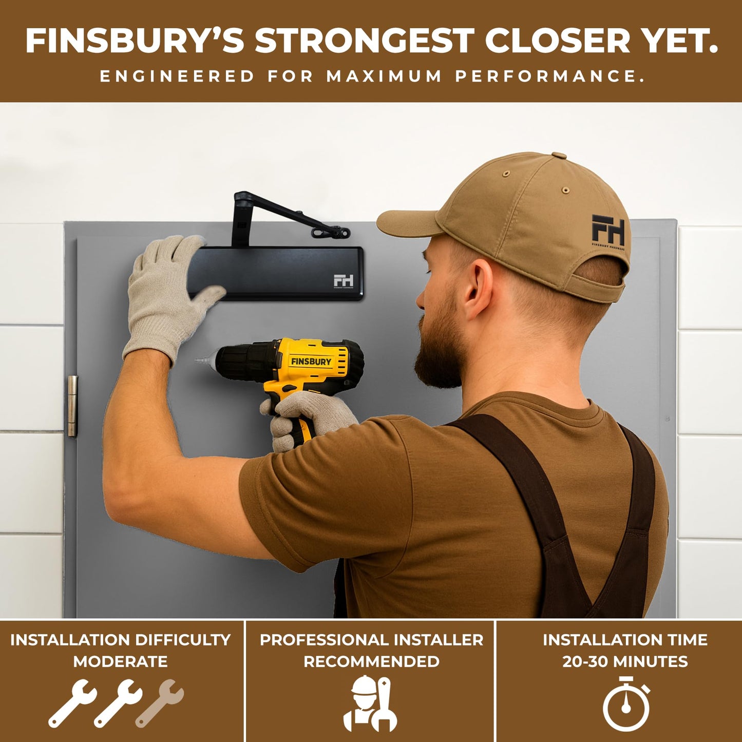 Finsbury FH‑9500 Commercial Door Closer, Heavy Duty Grade 1 Aluminum, Hydraulic Auto Close, Adjustable Spring 1–6, UL 3‑Hour Fire Rated, ADA Compliant, Surface Mount for High Traffic Doors (Black)