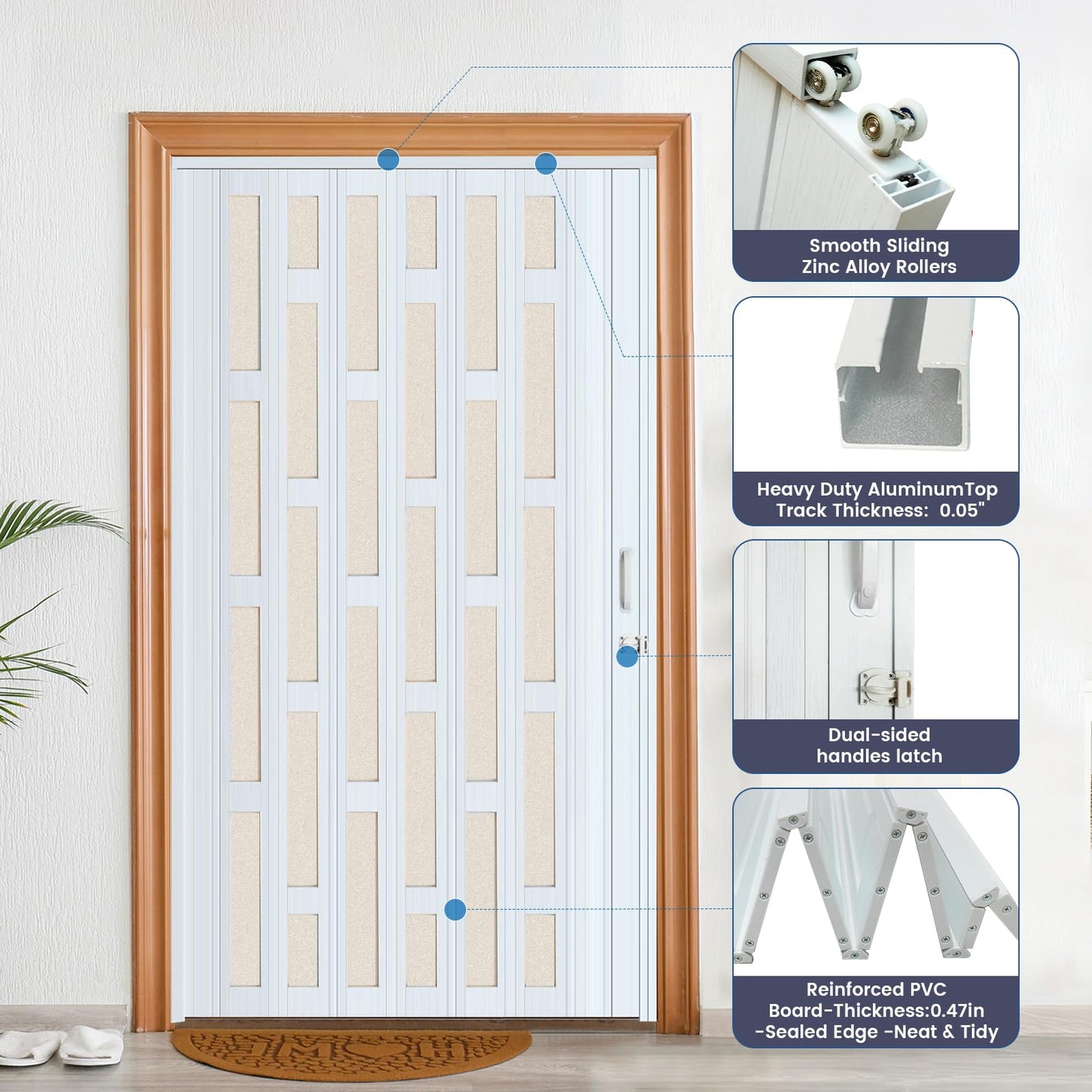 DIYHD 48X80in Glass Accordion Door with Latch&Handle, Double-Layer Thickened PVC Folding Interior Door with Frosted Acrylic - Blocks Views, Lets Light In, Easy Install for Closet, Utility&Room Divider
