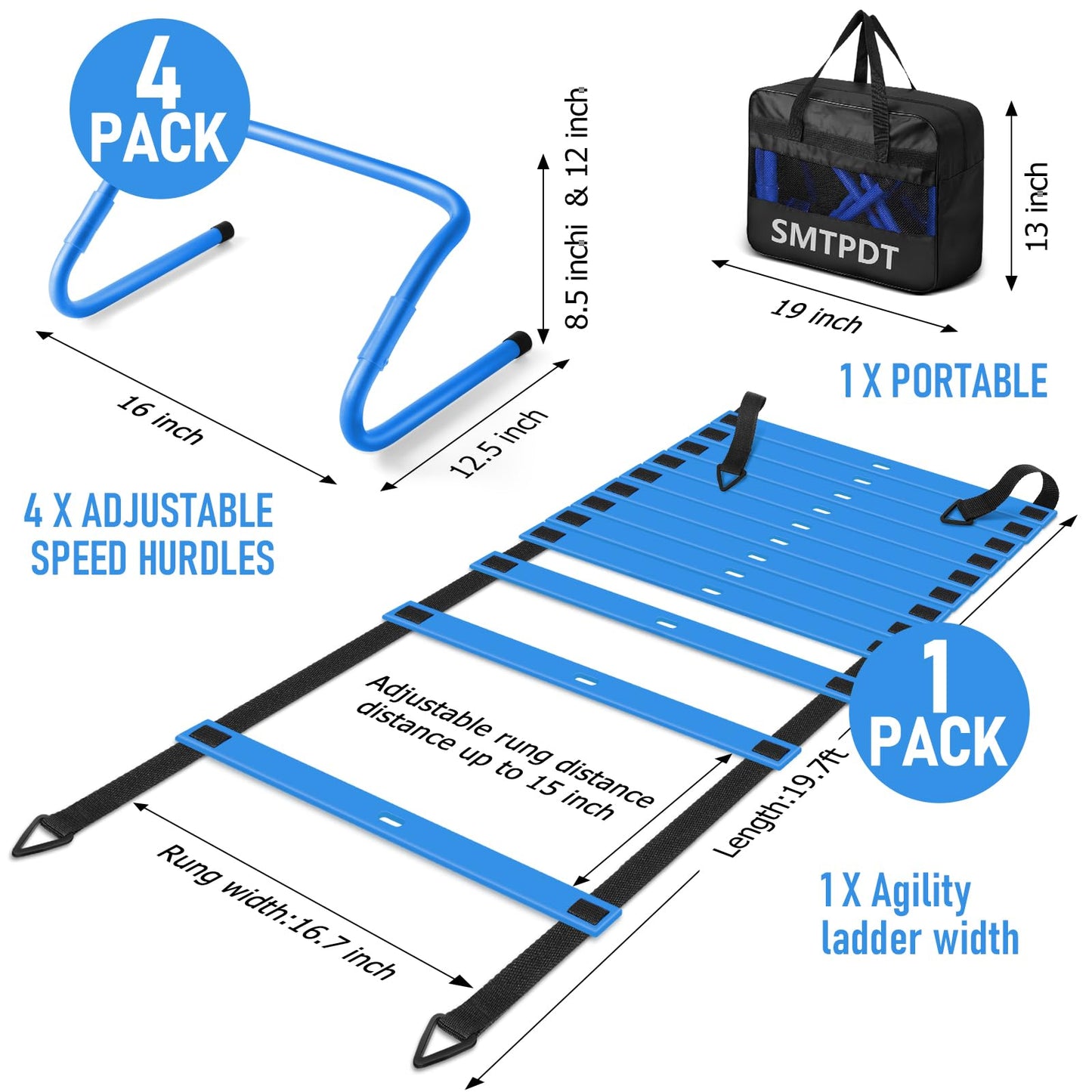 SMTPDT Speed and Agility Training Equipment: 5 Adjustable Agility Hurdles. 20ft Agility Ladder, Soccer Training Equipment Set for Kids Youth Adults (Blue)