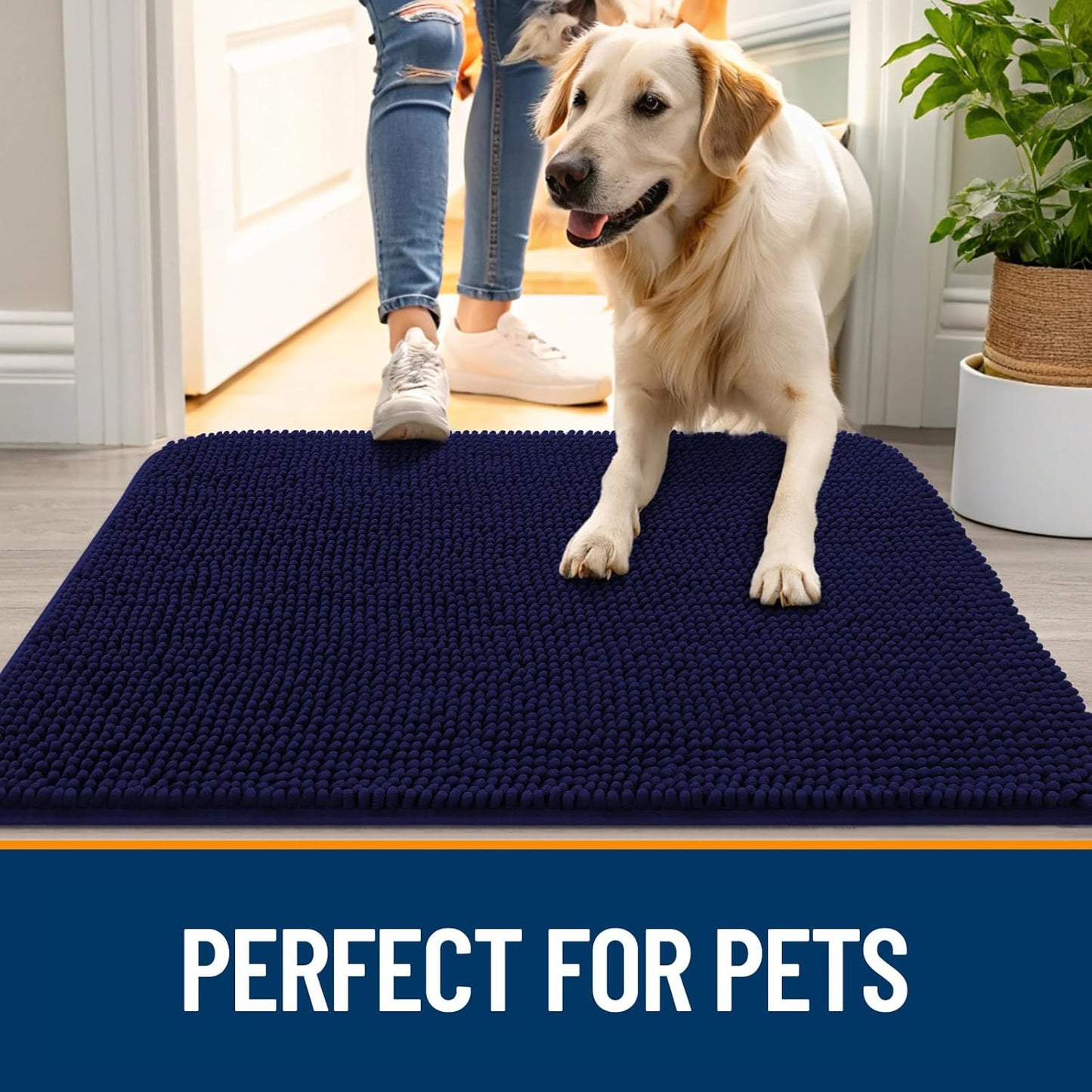 OLANLY Dog Door Mat - Absorbent Non-Slip Mud Mat for Indoor Use | 40x24 Navy Blue, Quick Dry Chenille