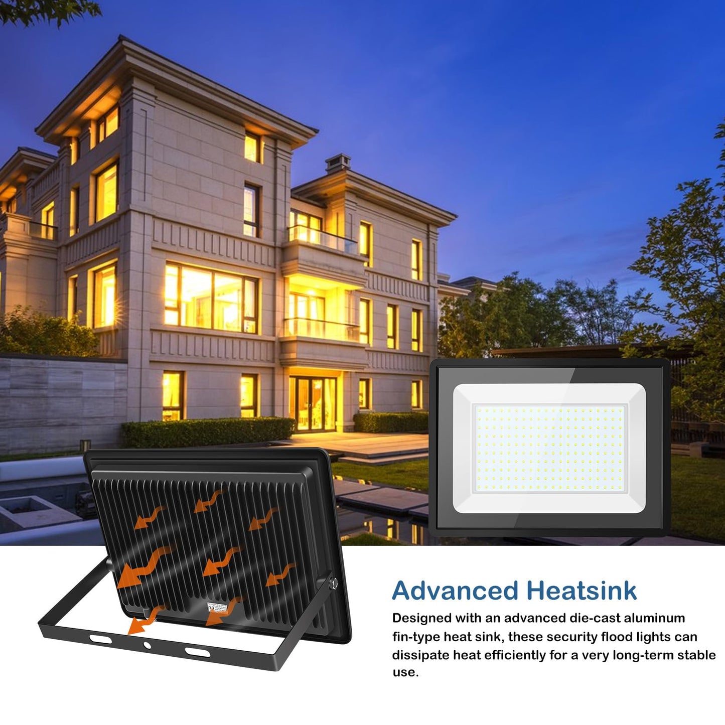Sunkkes 450W Warm White LED Flood Lights,3000K Super Bright 54000LM Outdoor Security Lights with Plug, Exterior IP66 Waterproof Floodlight for Field,Playground,Garage, Garden, Arena(3 Pack)
