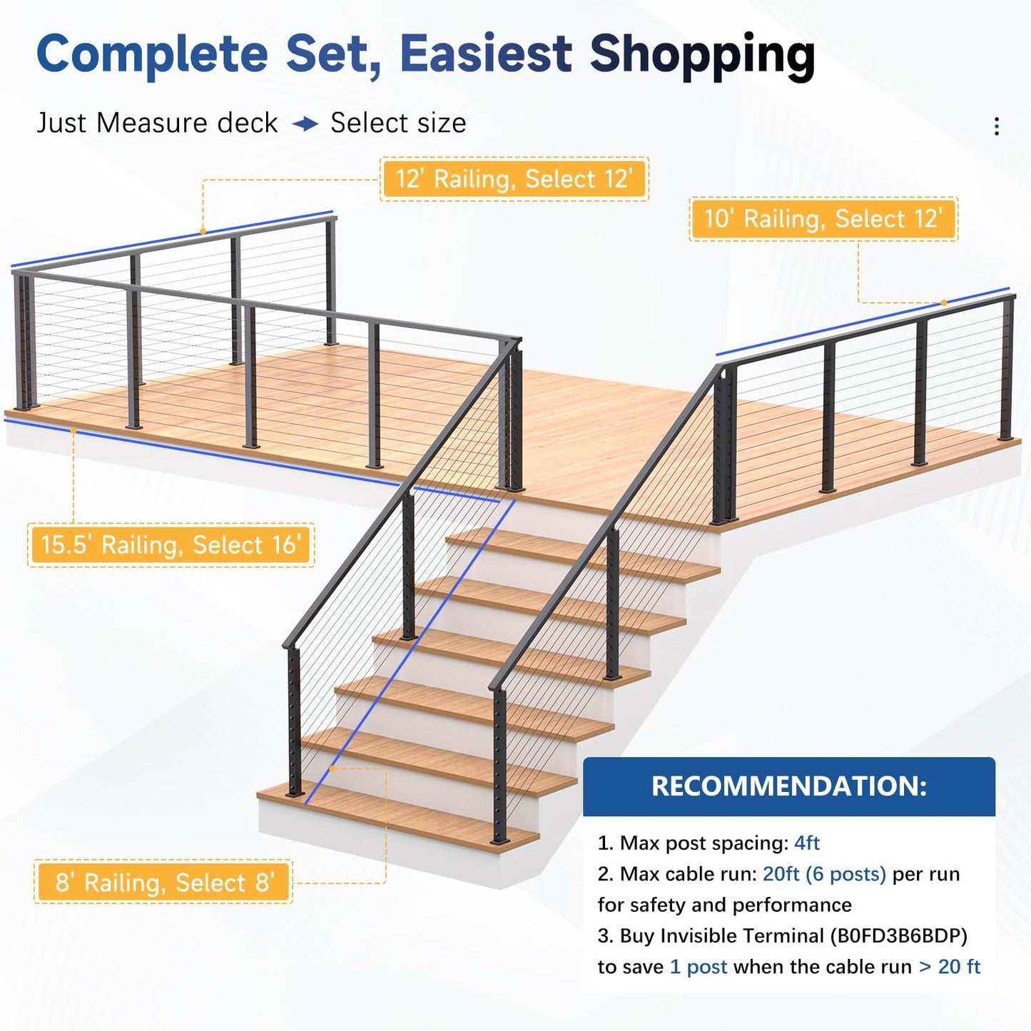 Zylorix 42" 8ft-12ft T304 Stainless Steel Swage Cable Railing Post Kit with Handrail Cuttable, Matte Black Level Cable Railing System with 1/8" Cable Railing Hardware for Outdoors Decks(Not Coastal)