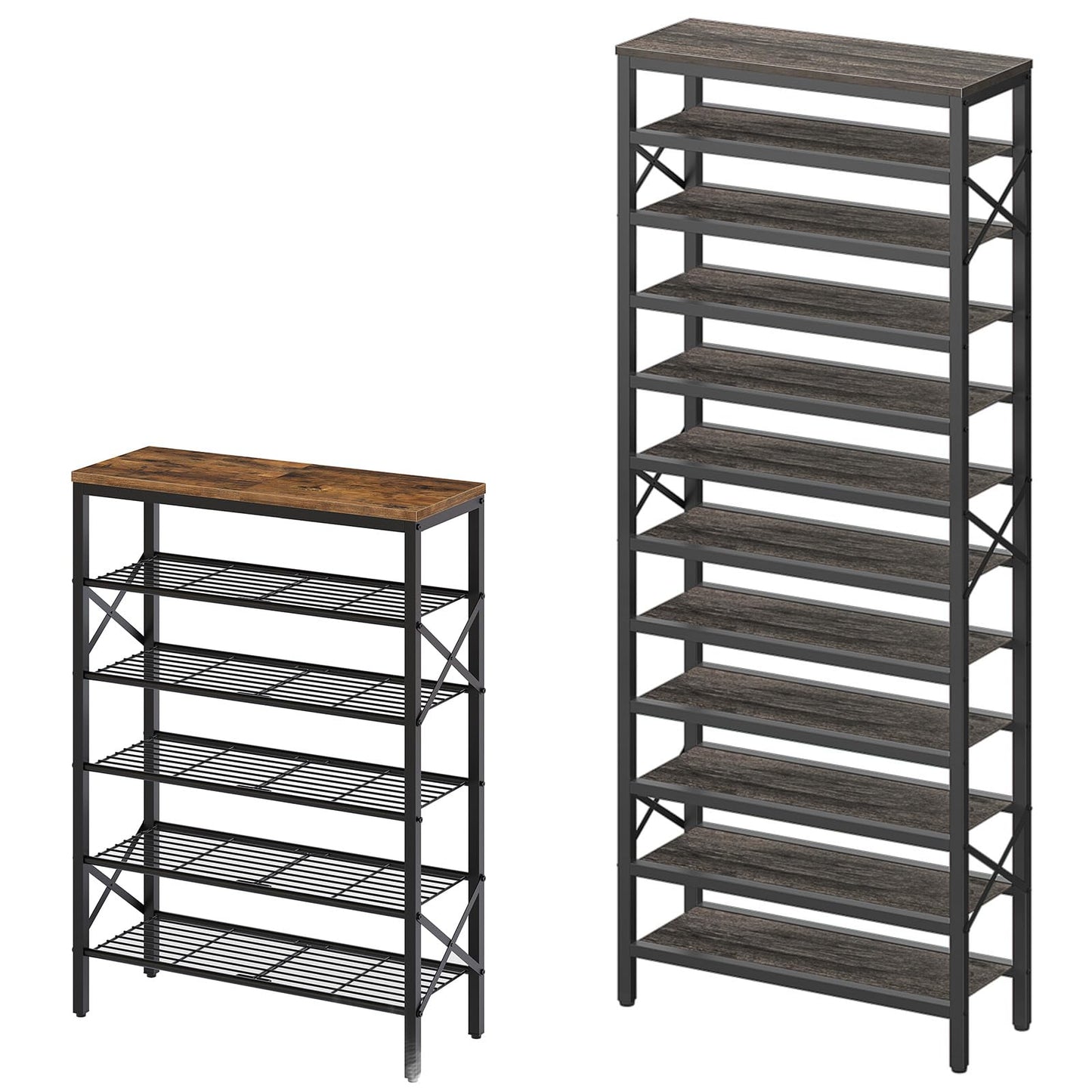 YATINEY 6-Tier Shoe Rack and 12-Tier Tall Shoe Rack Organizer, Wooden Shoe Storage for Closet Holds 48 Pairs, Sturdy Shoe Shelf with X-Shaped Metal Support, for Entryway SS06BR-SS212BC