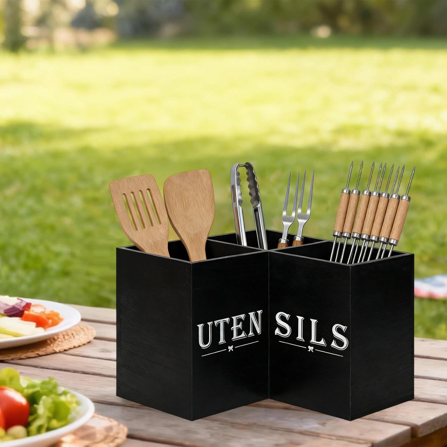Top-spring Extra Large Utensil Holder for Kitchen Counter - Wooden Cooking Utensils Holder - Rustic Farmhouse Decor Kitchen Corner Utensil Organizer with 3 Compartment, Black Wood Utensil Caddy