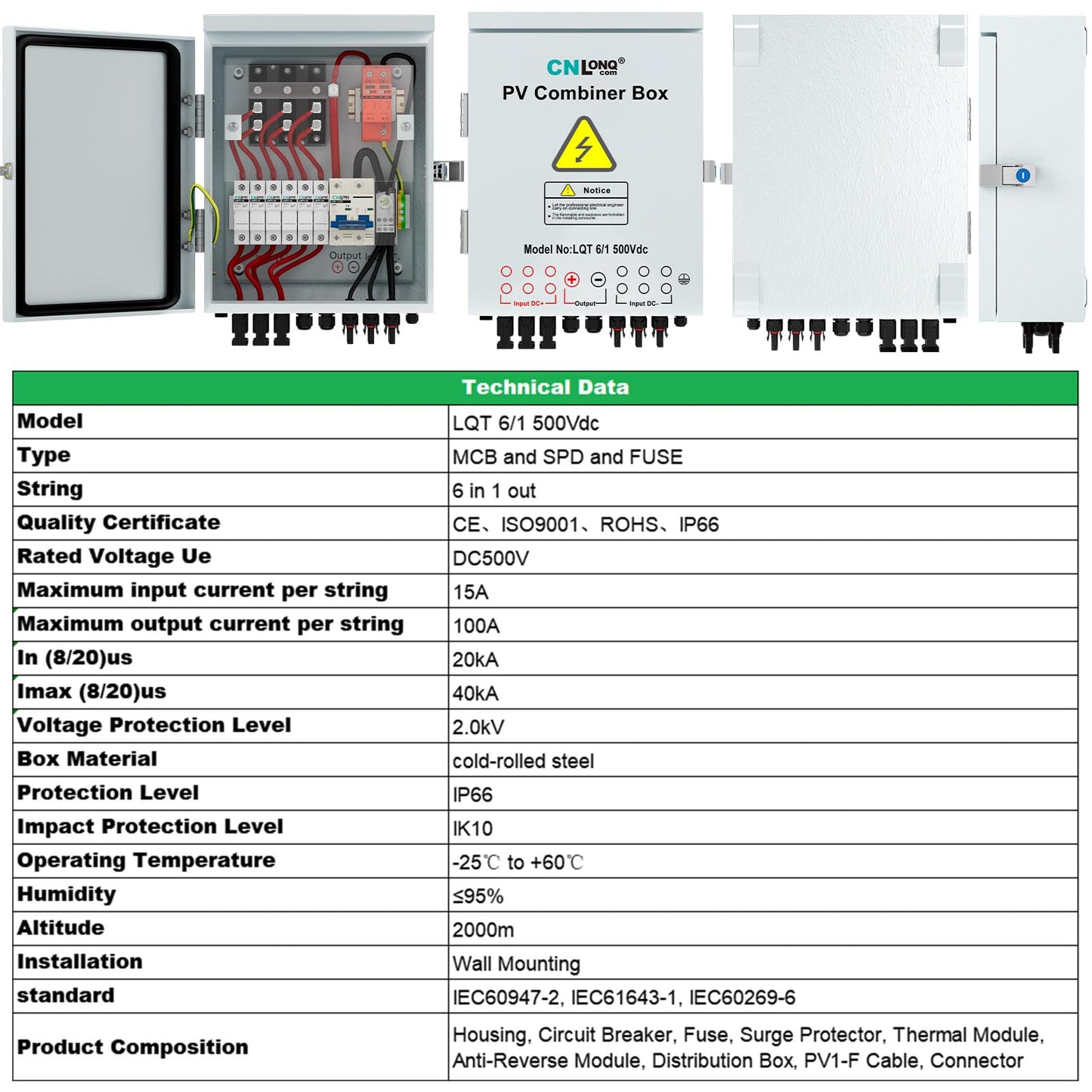 CNLonQcom 6 Strings Metal Solar PV Combiner Box DC500V 100A Circuit Breaker with Surge Protector, 15A Fuses and Radiator, Outdoor IP66 Waterproof for Solar Panels System