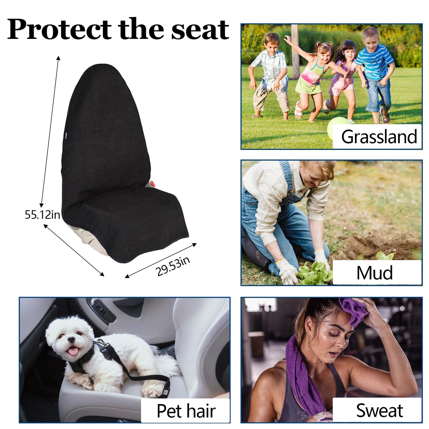 wuyaoyao Car Towel Seat Cover, Waterproof Terry Cloth Sweat Towel Seat Cover for Gym, Running, Swimming, Beach and Hiking, Washable & Non-Slip Seat Towel Protector for Car Truck Van SUV (Black)