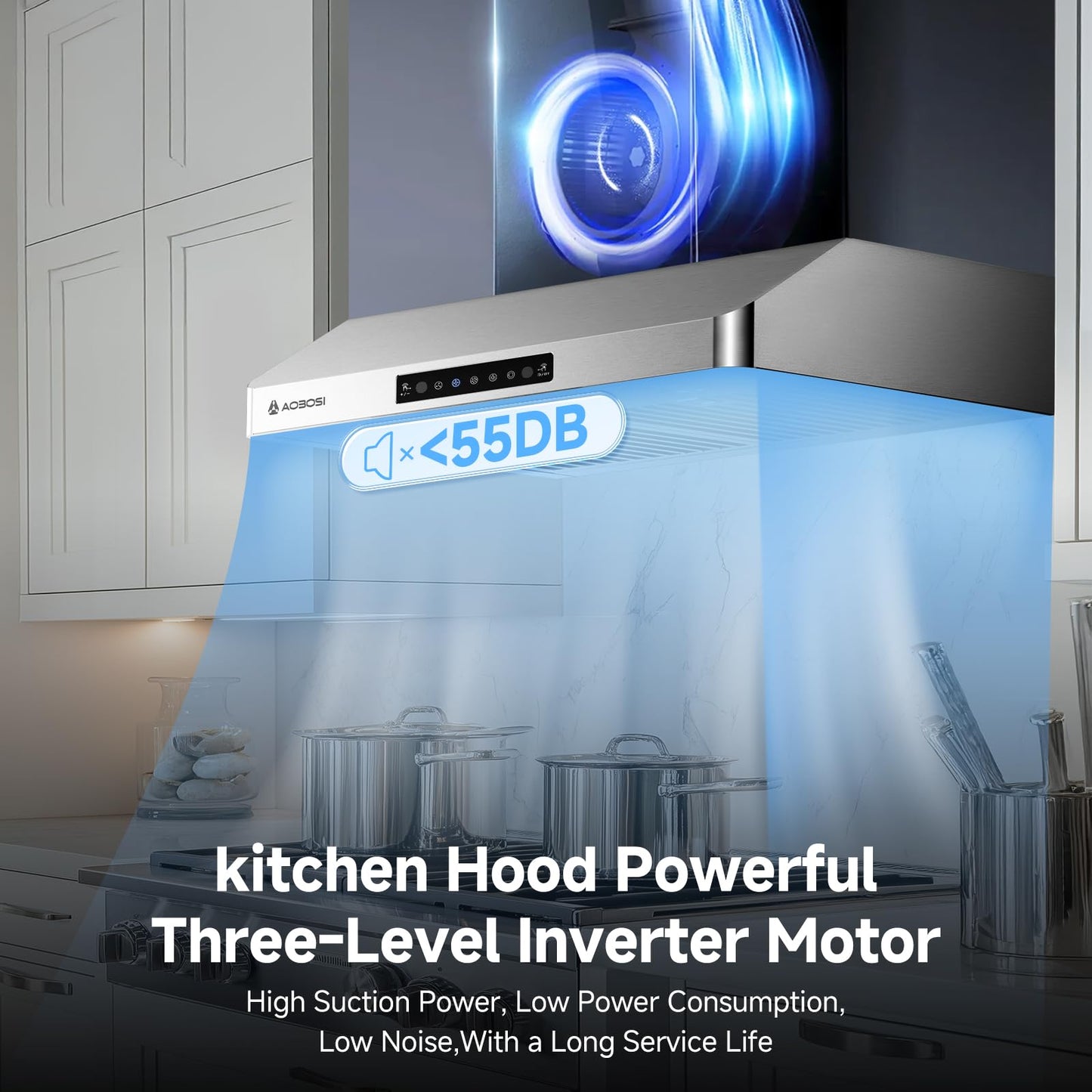 AAOBOSI 30 Inch Under Cabinet Range Hood, 800 CFM Stainless Steel Kitchen Vent Hood with Gesture Sensing, Touch Control, 3-Speed Exhaust Fan, LED Lights, Ducted Range Hood