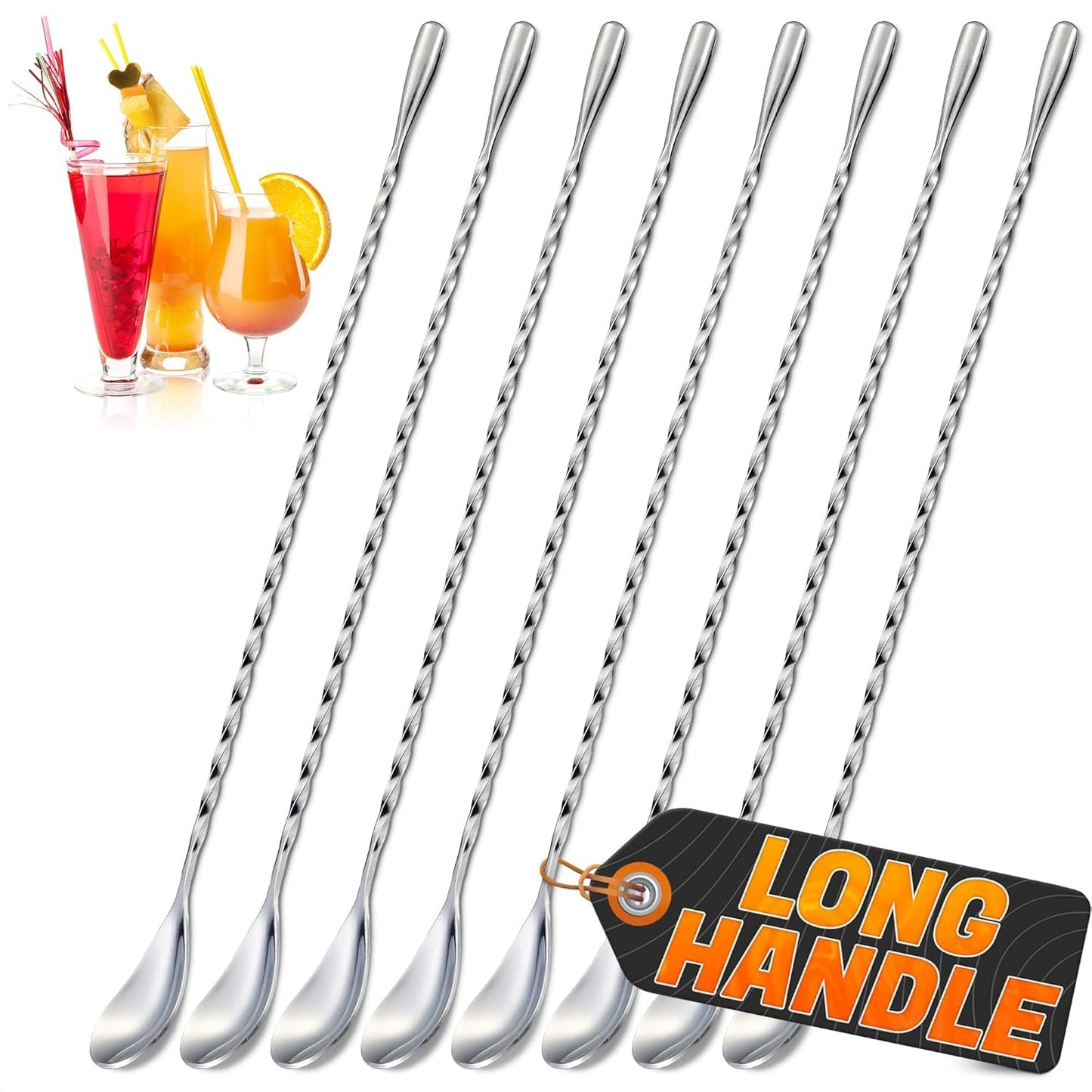 8 Pcs Bar Spoons Set – 12'' Long Handle Drink Stirrer with Twisted Spiral Design – 304 Stainless Steel | Long Spoons for Stirring Cocktails, Coffee, Milkshakes, Smoothies | Home & Coffee Bar Use
