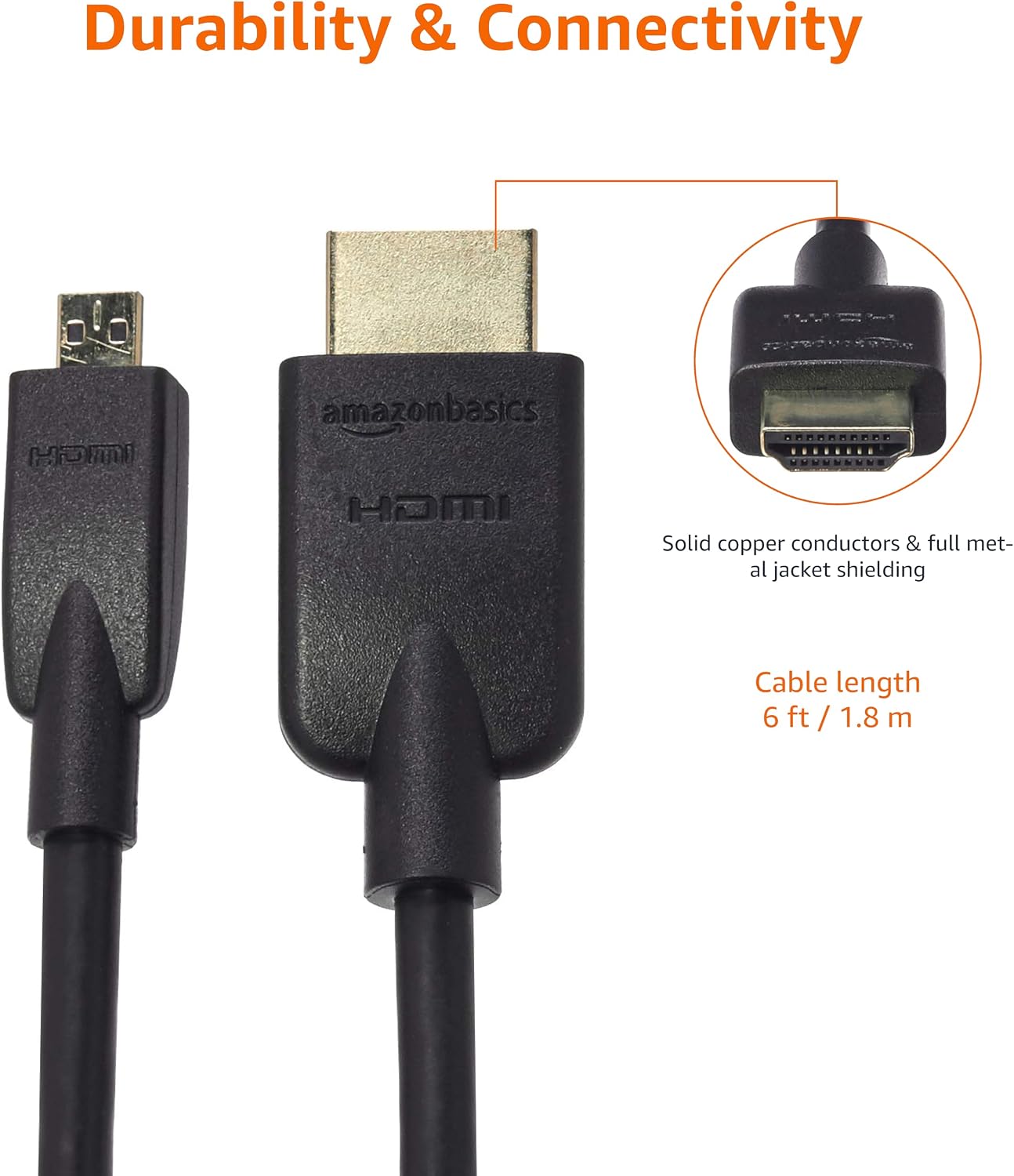 18Gbps 4K@60Hz, 2160p, 48-Bit 6 Amazon Basics Micro HDMI to HDMI Cable, High-Speed, Color, Ethernet Ready, Foot, Black