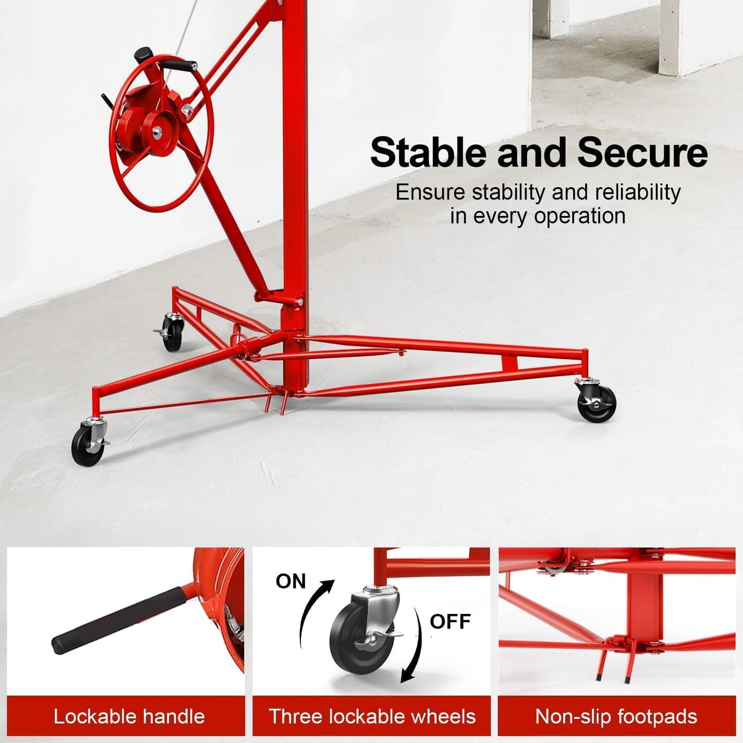 ELOMBR 16FT Drywall Lift Sheetrock Lift, 150LBS Capacity, Drywall Lift Panel Hoist with Telescopic Arm, Drywall Jack Lift with 3 Lockable Wheels for Home Improvement Classic, 4'x16' Panel Size, Red