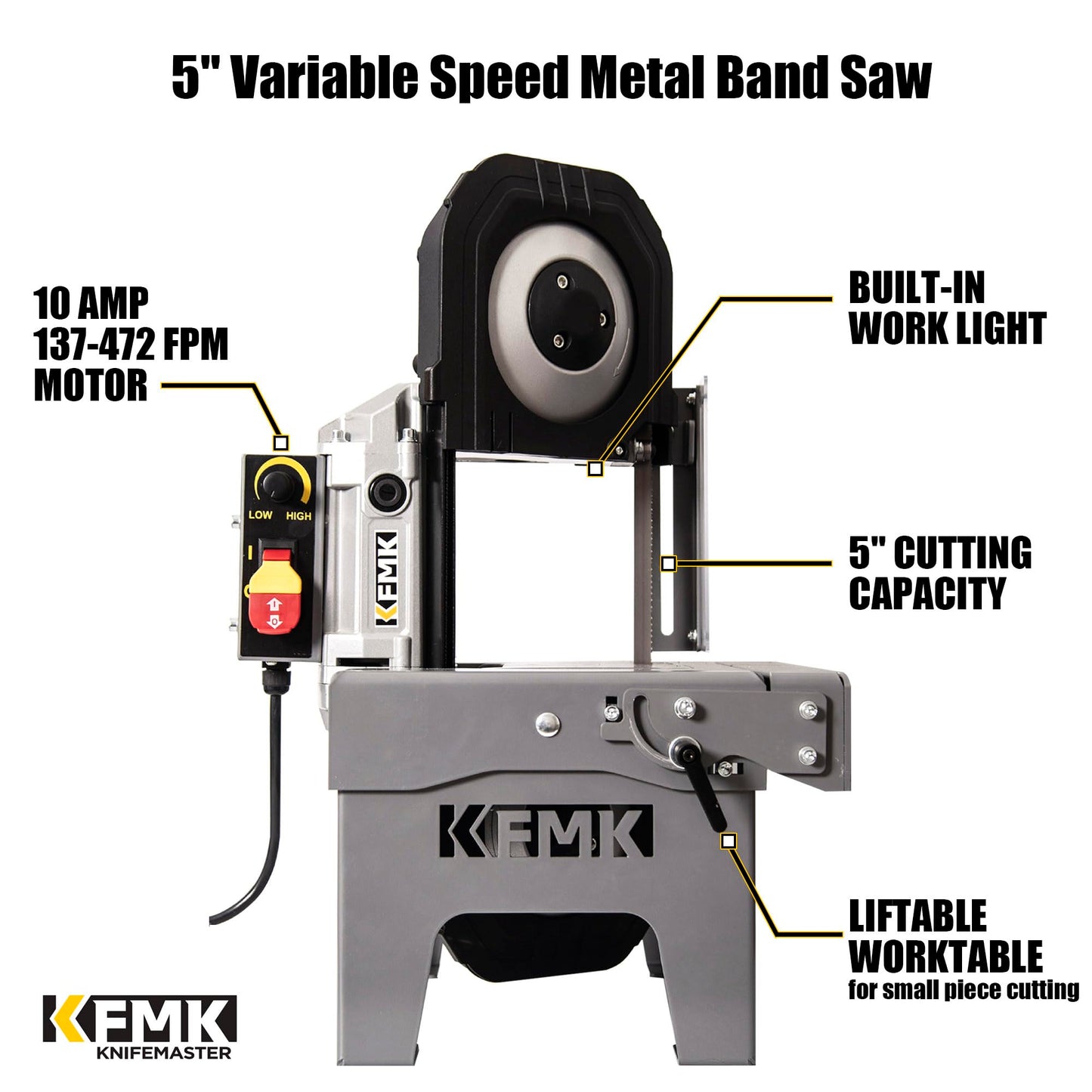 KFMK 10A Variable Speed Metal Band Saw with Large Workbench, 5" Cutting Capacity, Adjustable Speed 137-472 FPM, BandSaw Perfect for Metalworking, Knife Cutting