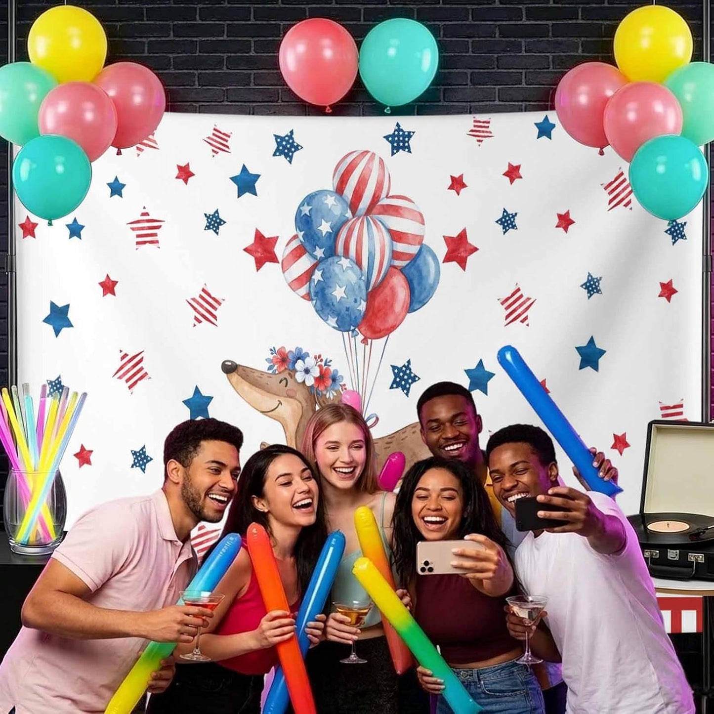 Generic 10 8 Independence Day Photo Backdrop for Photoshoot, x FT Flag Day Sausage Dog Blue Red Star Balloon Photo