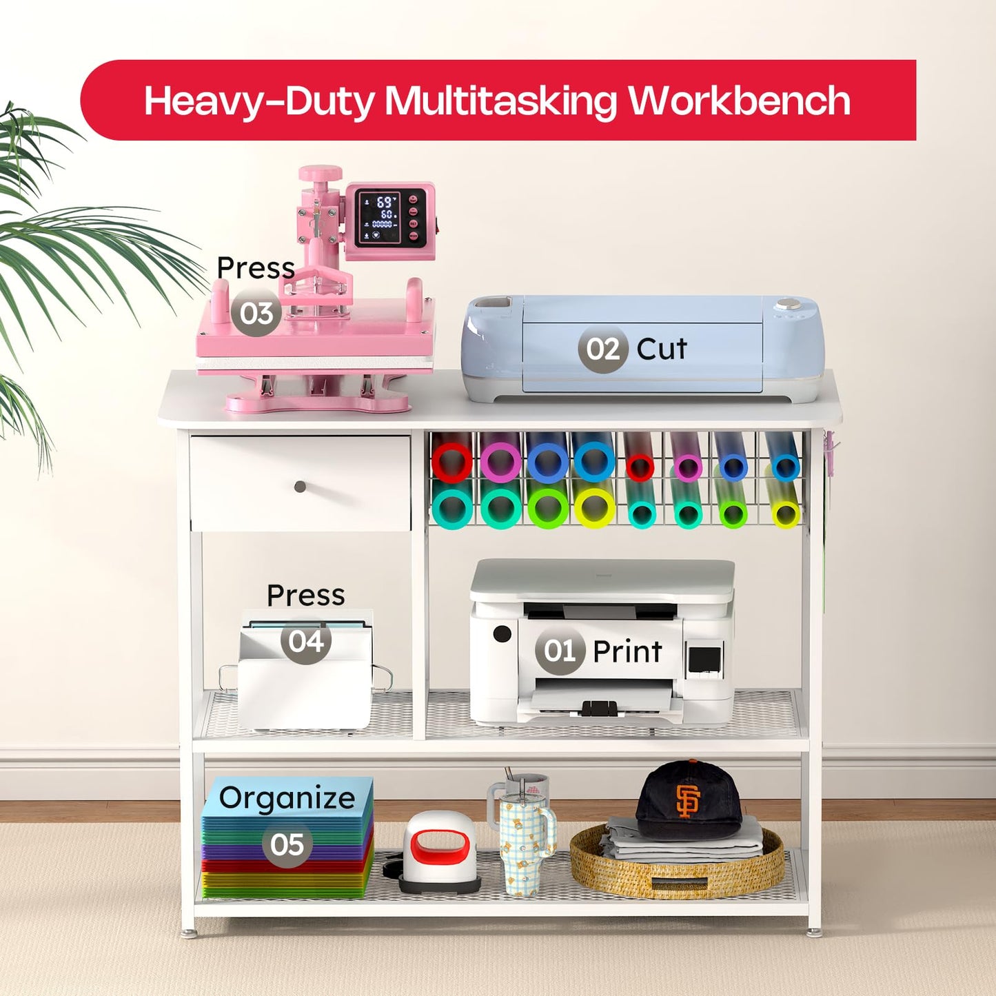Crafit Extra Large Heat Press Table 2 Pack, Heat Press Stand Desk Cart with Vinyl Storage, Heavy Duty Metal Workbench for DIY Sublimation, T-Shirts Caps Mug & Tumbler Heat Transfer Projects