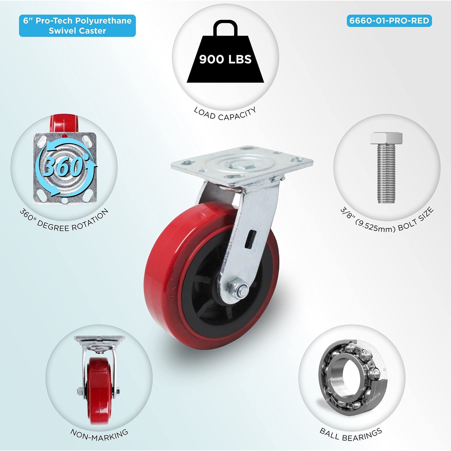 IconCasterWheels 6 inch PRO-TECH Polyurethane Non-Marking Heavy Duty Swivel Caster Wheels Set of 4-4 Swivel, 4" x 4.5" Top Plate, Industrial Plate Casters, 3600 LBS Load Capacity Per Set, Red